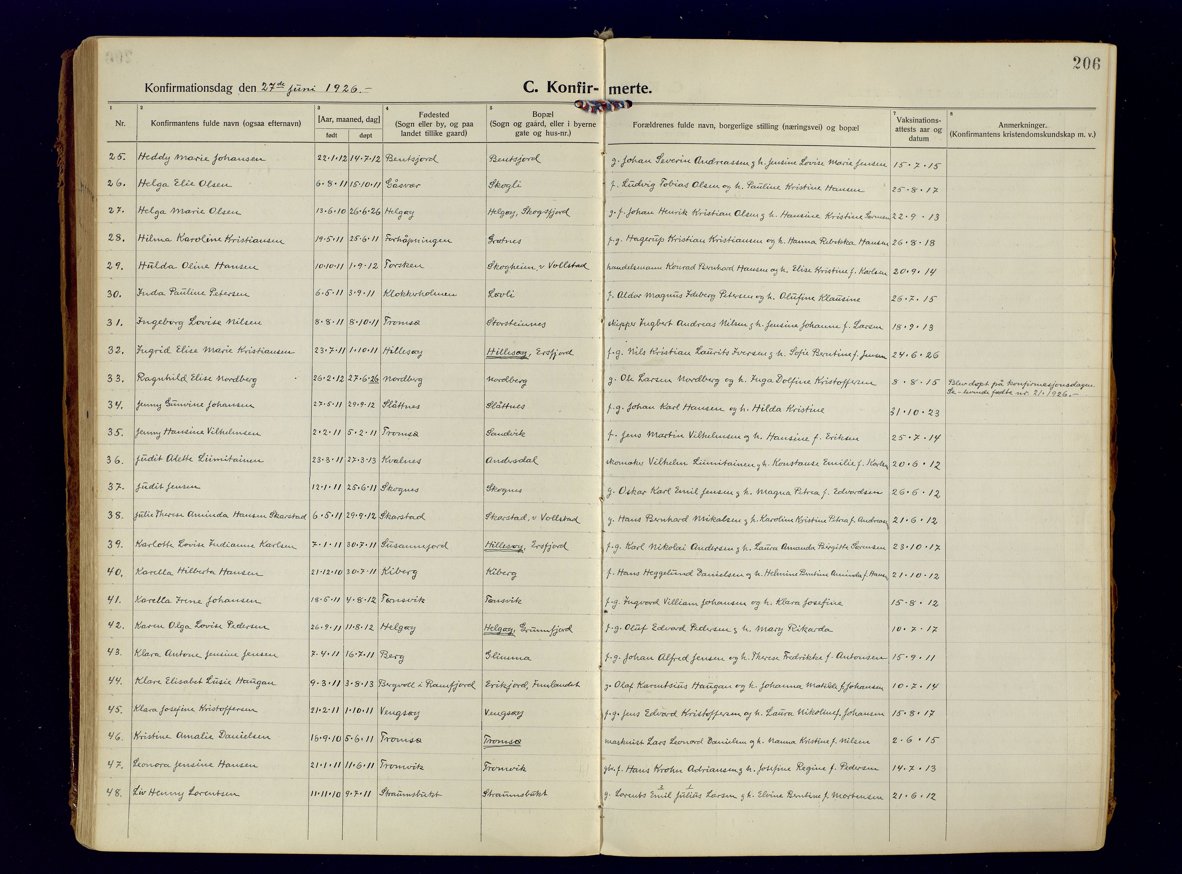 Tromsøysund sokneprestkontor, AV/SATØ-S-1304/G/Ga/L0009kirke: Parish register (official) no. 9, 1922-1934, p. 206