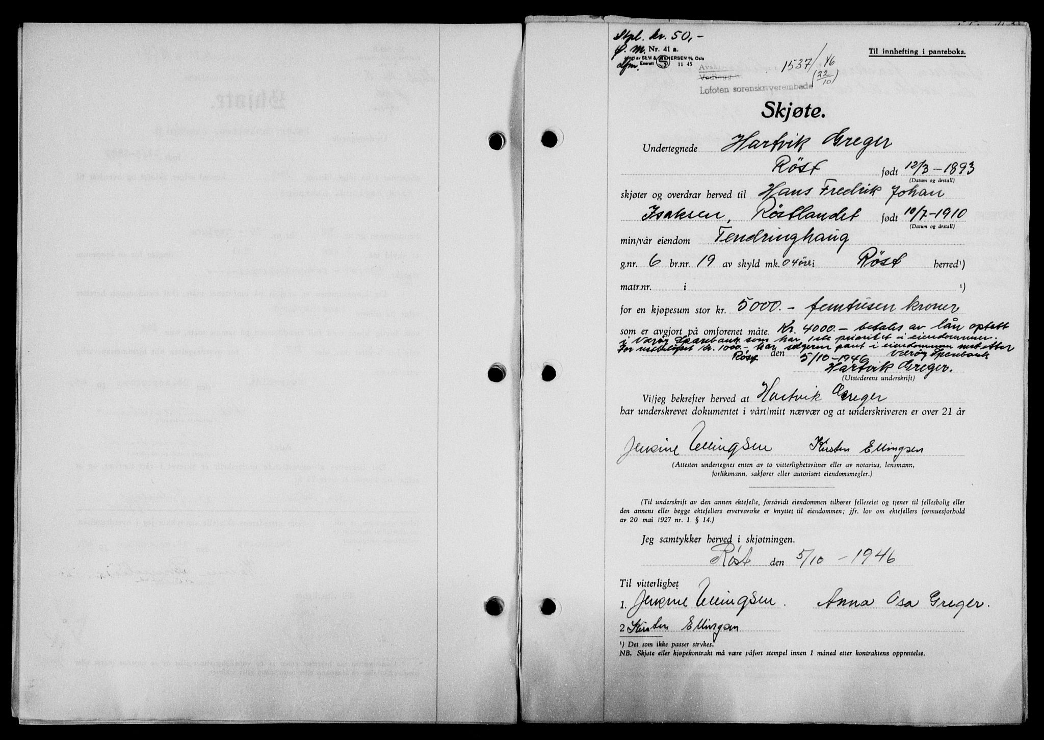 Lofoten sorenskriveri, SAT/A-0017/1/2/2C/L0014a: Mortgage book no. 14a, 1946-1946, Diary no: : 1537/1946