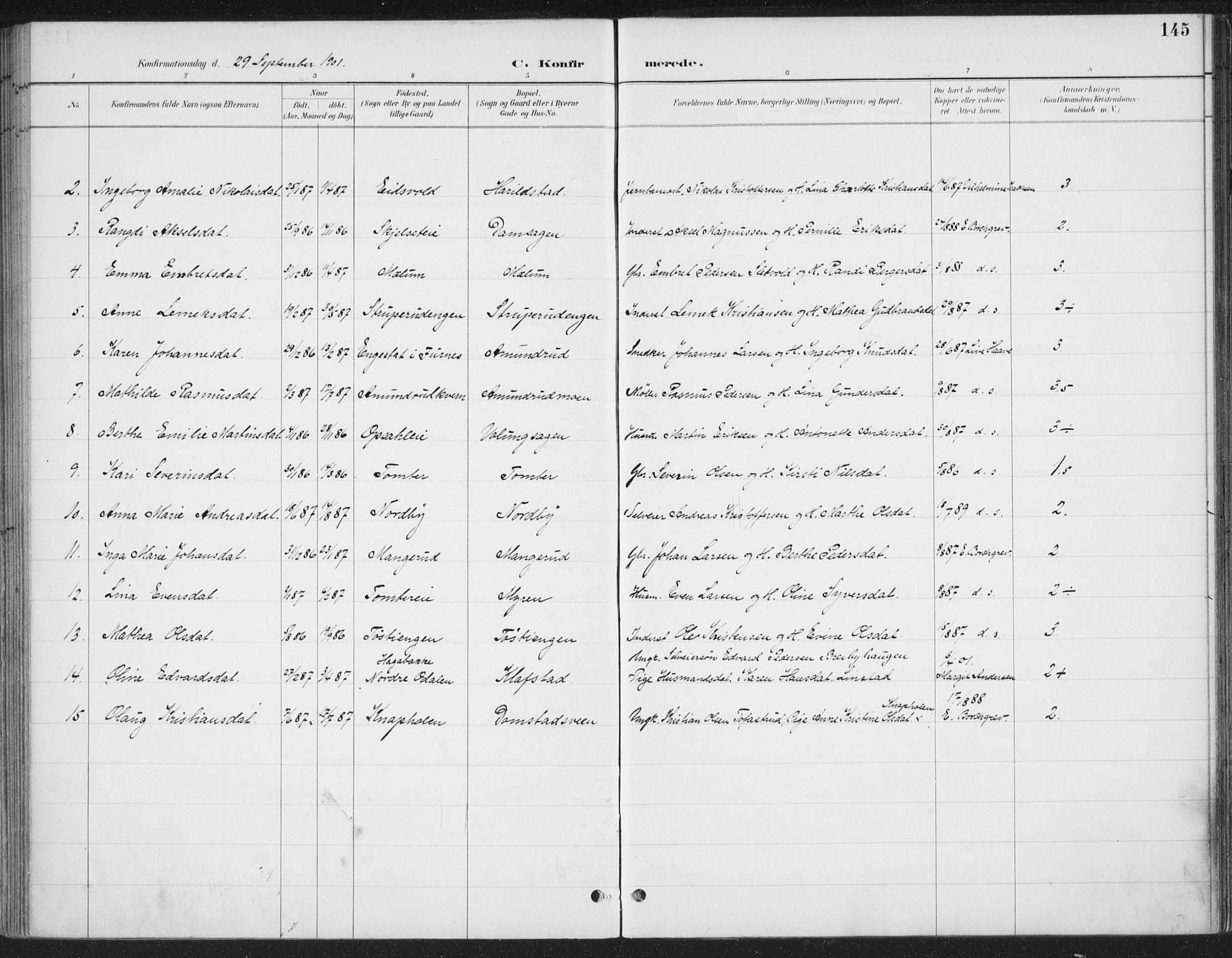 Romedal prestekontor, SAH/PREST-004/K/L0008: Parish register (official) no. 8, 1887-1905, p. 145