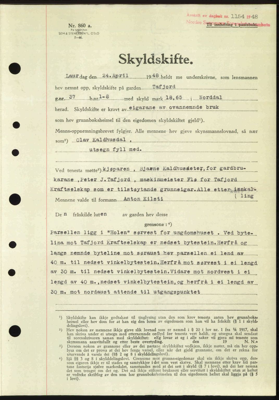 Nordre Sunnmøre sorenskriveri, AV/SAT-A-0006/1/2/2C/2Ca: Mortgage book no. A28, 1948-1948, Diary no: : 1154/1948