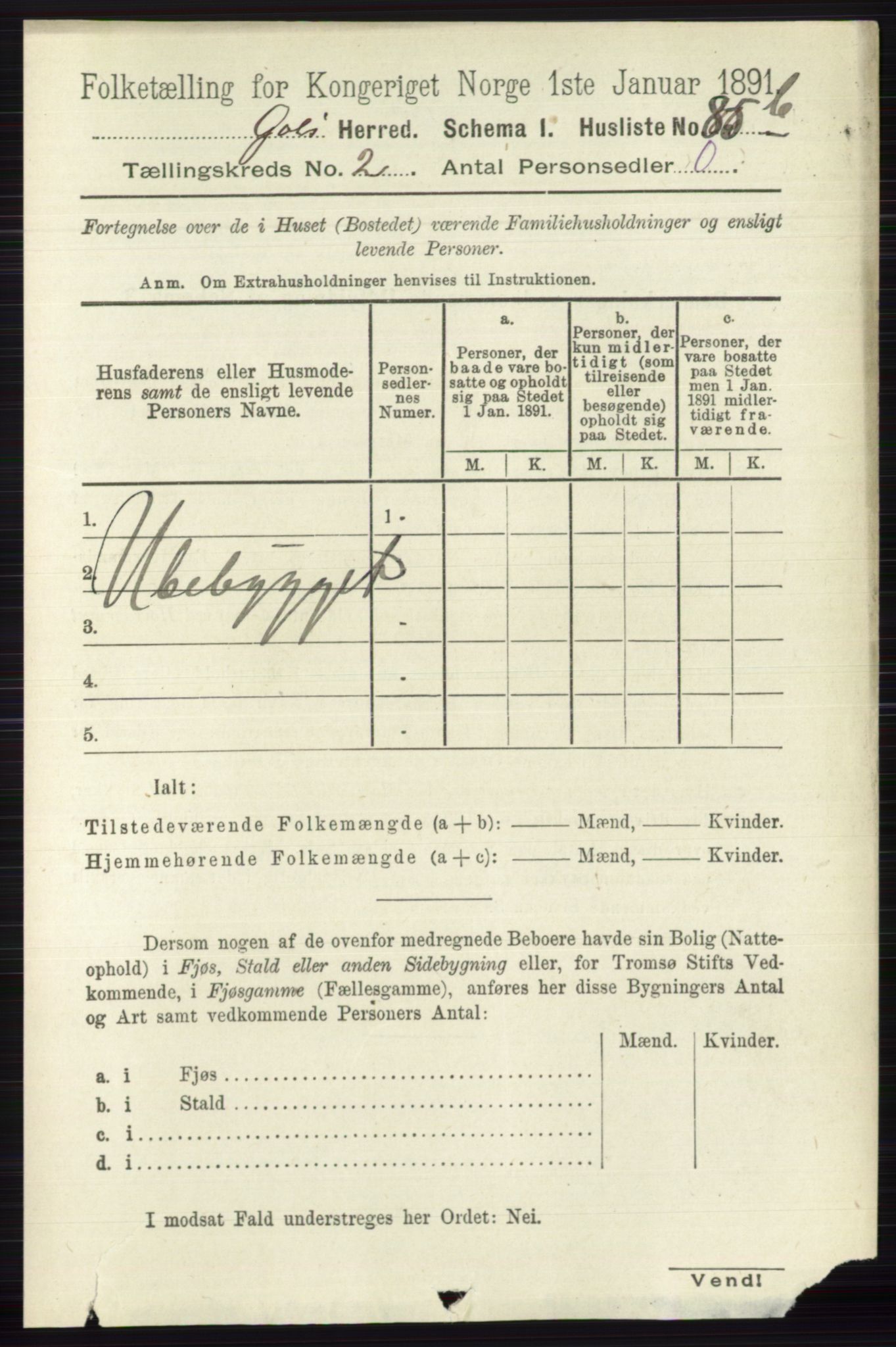 RA, 1891 census for 0617 Gol og Hemsedal, 1891, p. 711