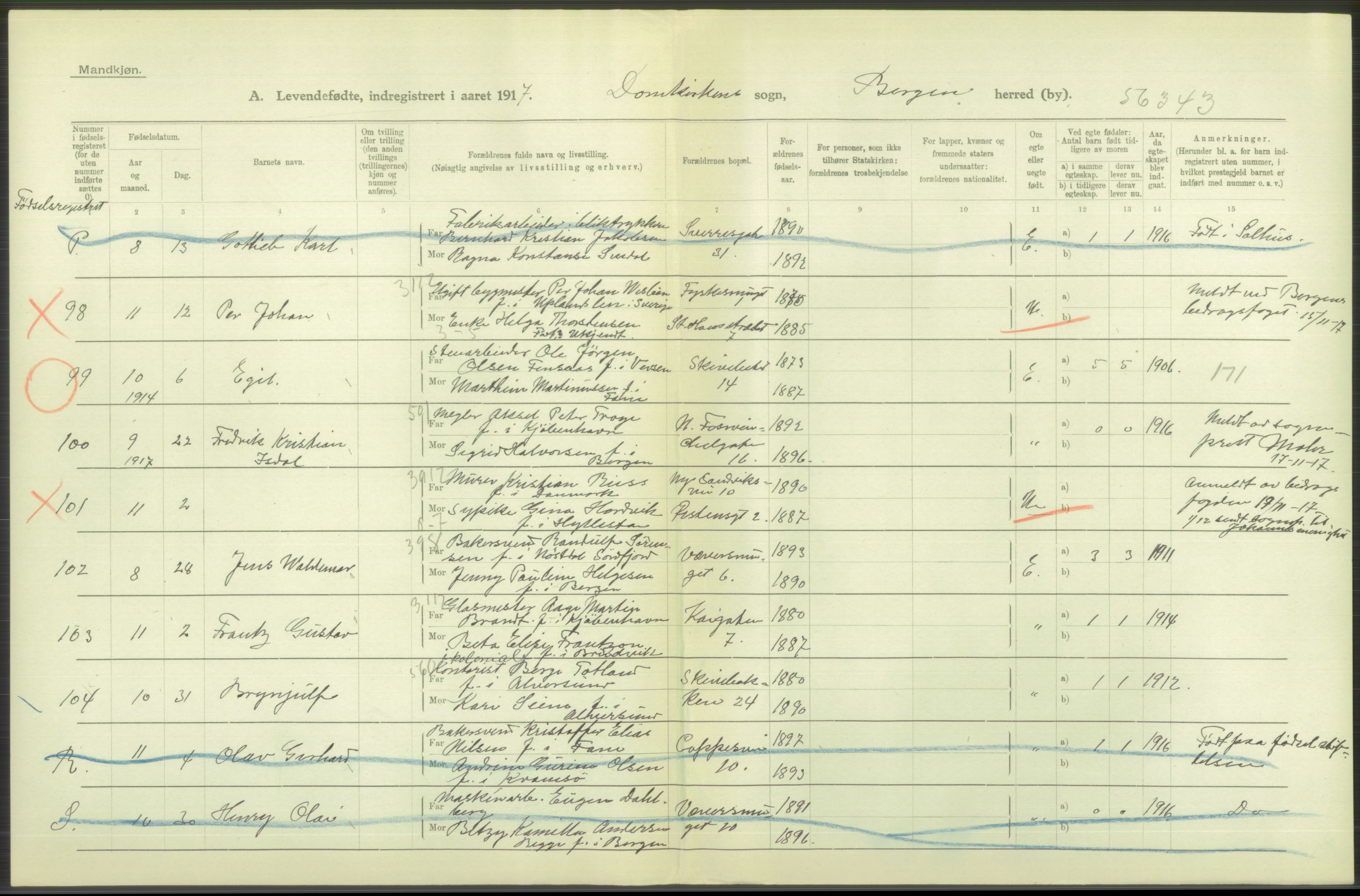 Statistisk sentralbyrå, Sosiodemografiske emner, Befolkning, AV/RA-S-2228/D/Df/Dfb/Dfbg/L0037: Bergen: Levendefødte menn og kvinner., 1917, p. 38