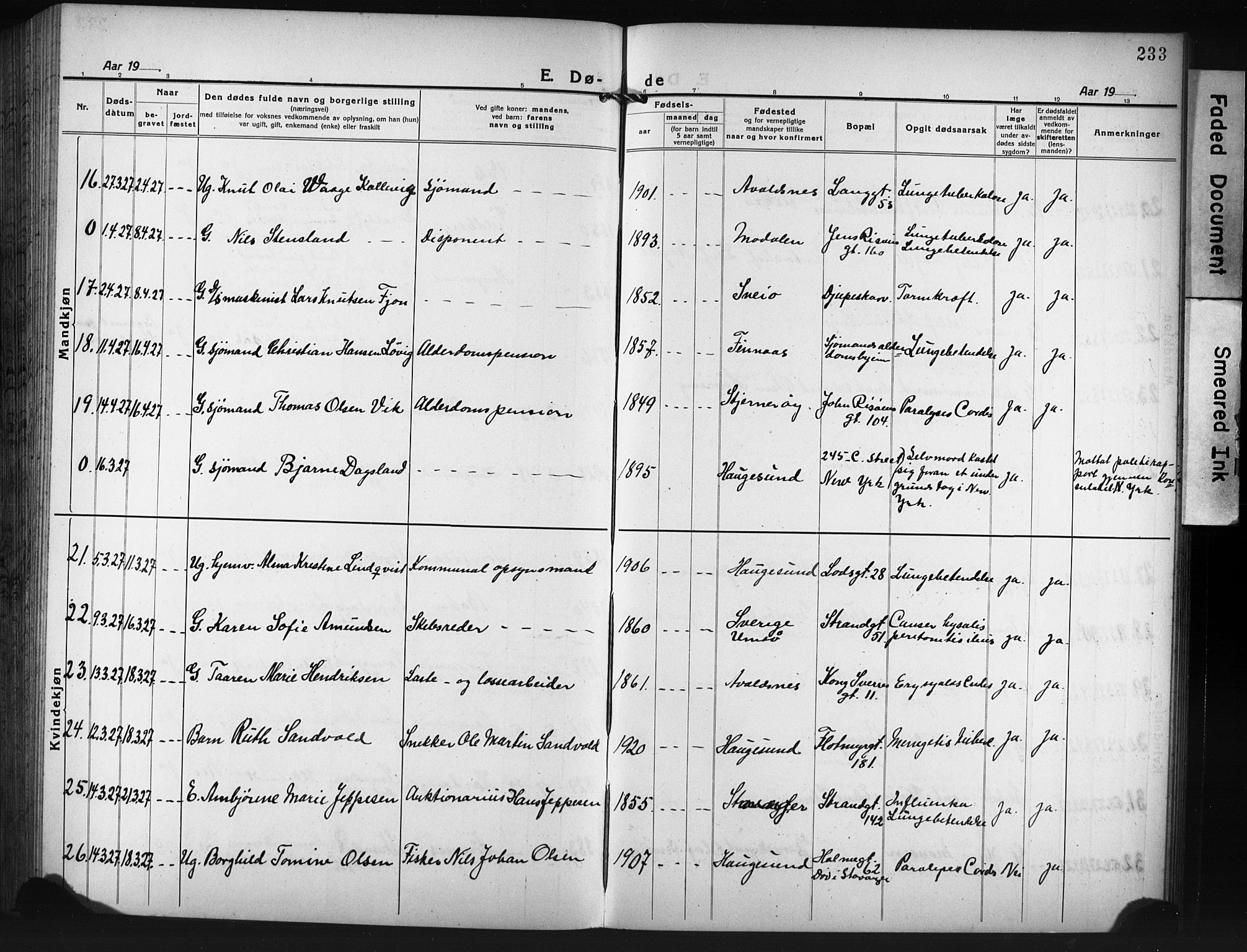 Haugesund sokneprestkontor, AV/SAST-A -101863/H/Ha/Hab/L0010: Parish register (copy) no. B 10, 1920-1931, p. 233