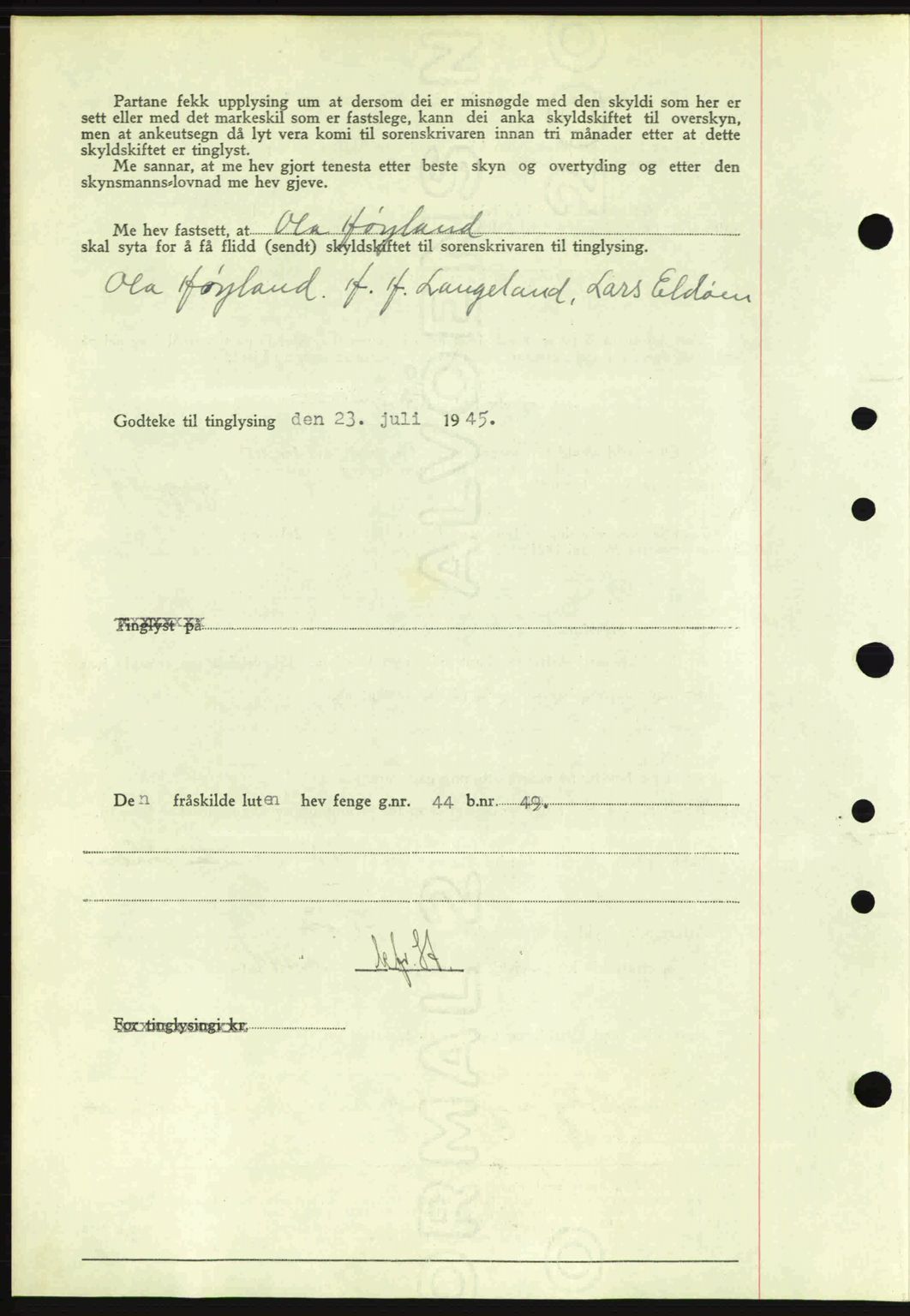 Sunnhordland sorenskrivar, AV/SAB-A-2401: Mortgage book no. A77, 1945-1945, Diary no: : 856/1945