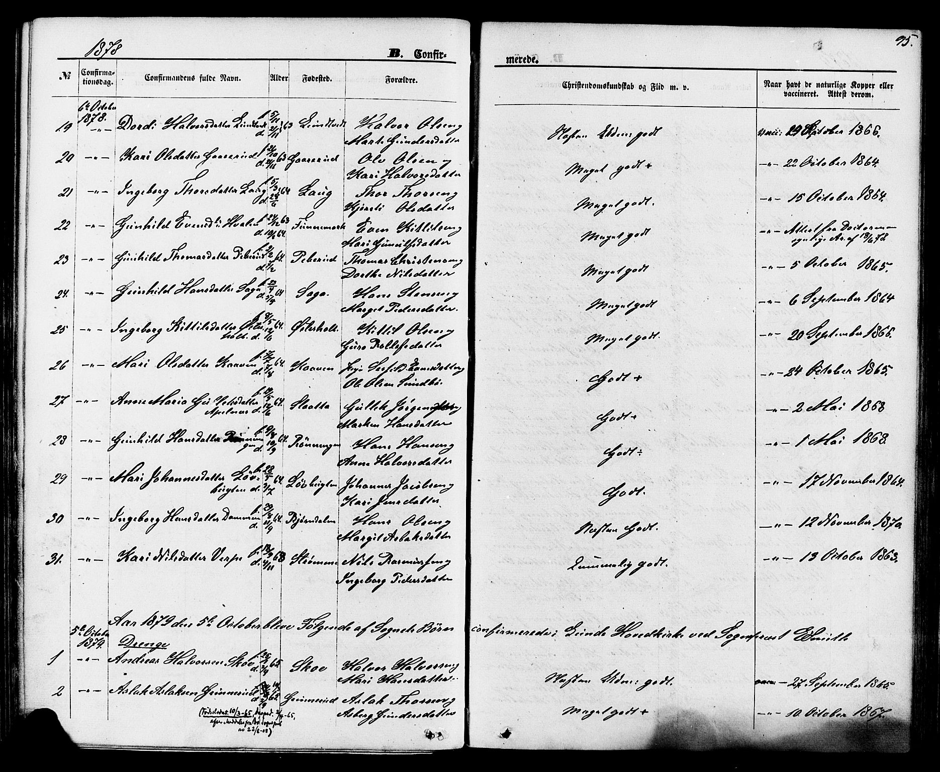 Lunde kirkebøker, SAKO/A-282/F/Fa/L0001: Parish register (official) no. I 1, 1866-1883, p. 95