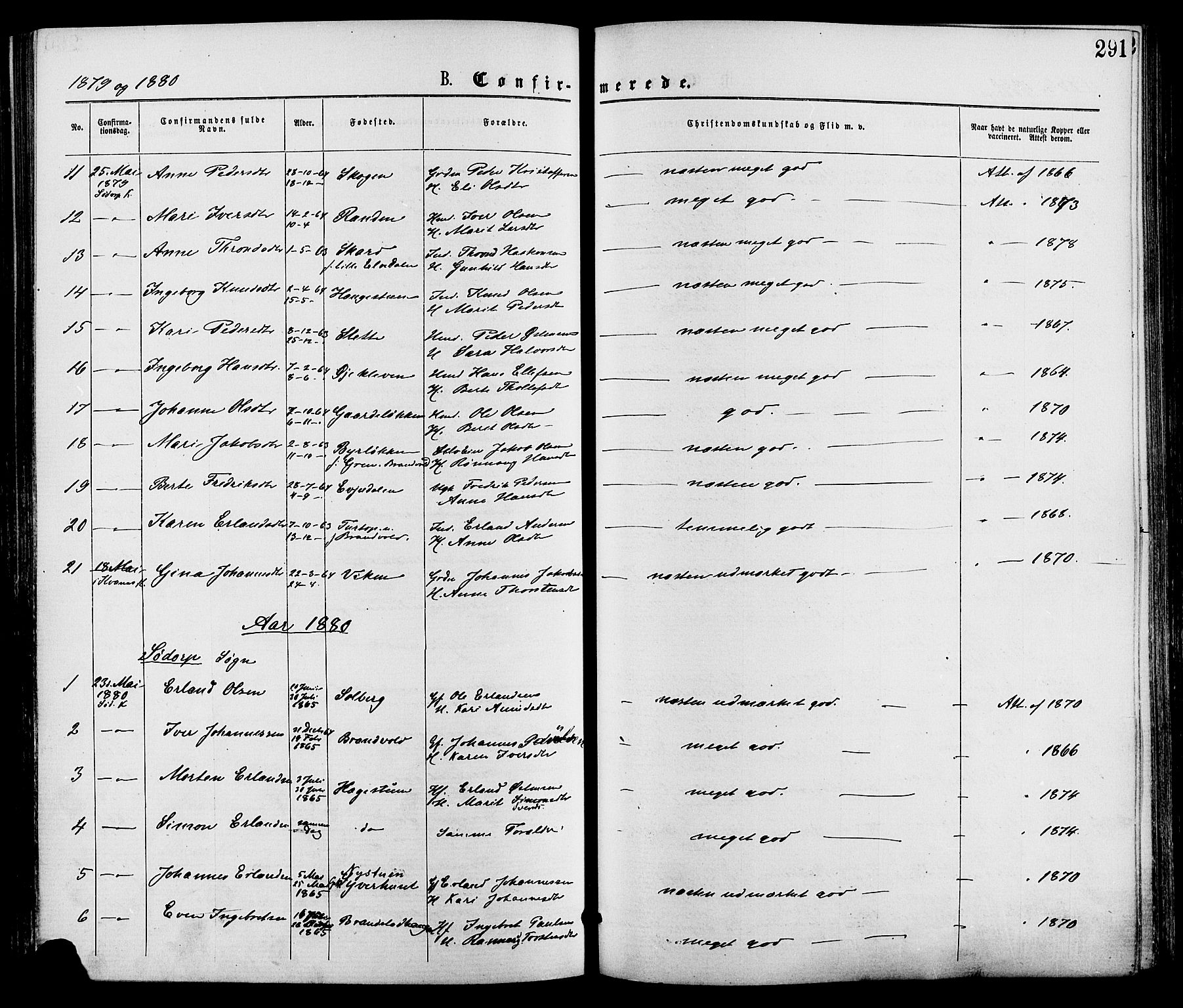Nord-Fron prestekontor, SAH/PREST-080/H/Ha/Haa/L0002: Parish register (official) no. 2, 1865-1883, p. 291