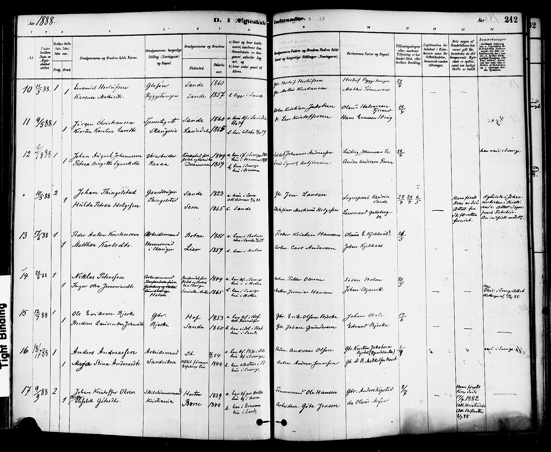 Sande Kirkebøker, AV/SAKO-A-53/F/Fa/L0006: Parish register (official) no. 6, 1878-1888, p. 242