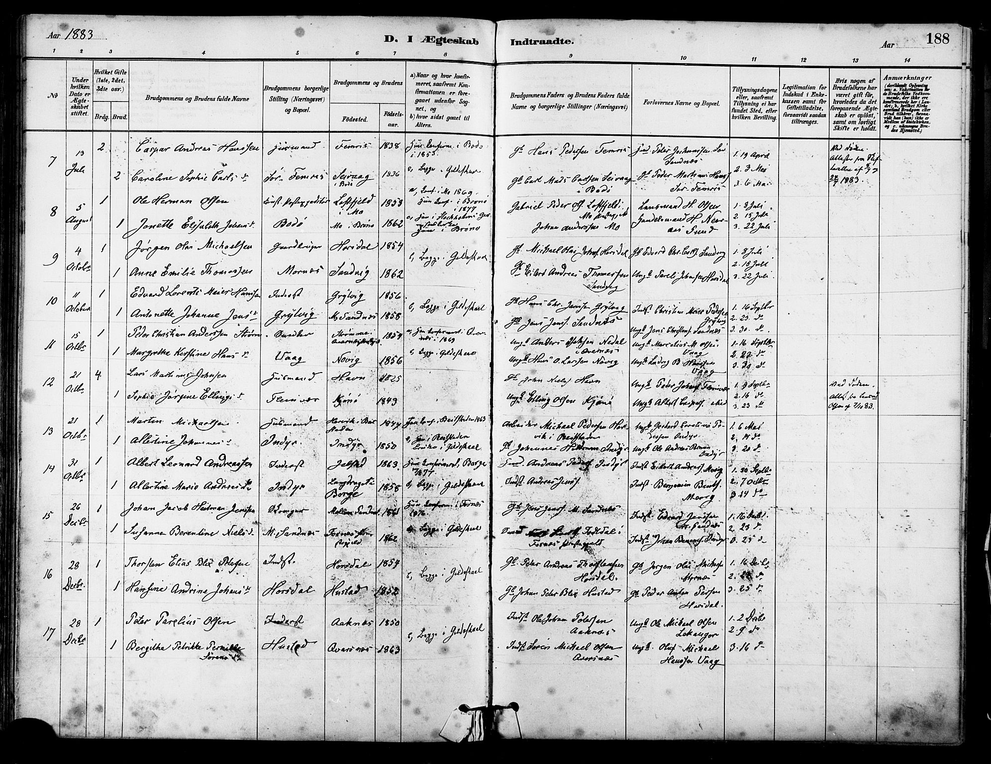 Ministerialprotokoller, klokkerbøker og fødselsregistre - Nordland, AV/SAT-A-1459/805/L0099: Parish register (official) no. 805A06, 1880-1891, p. 188