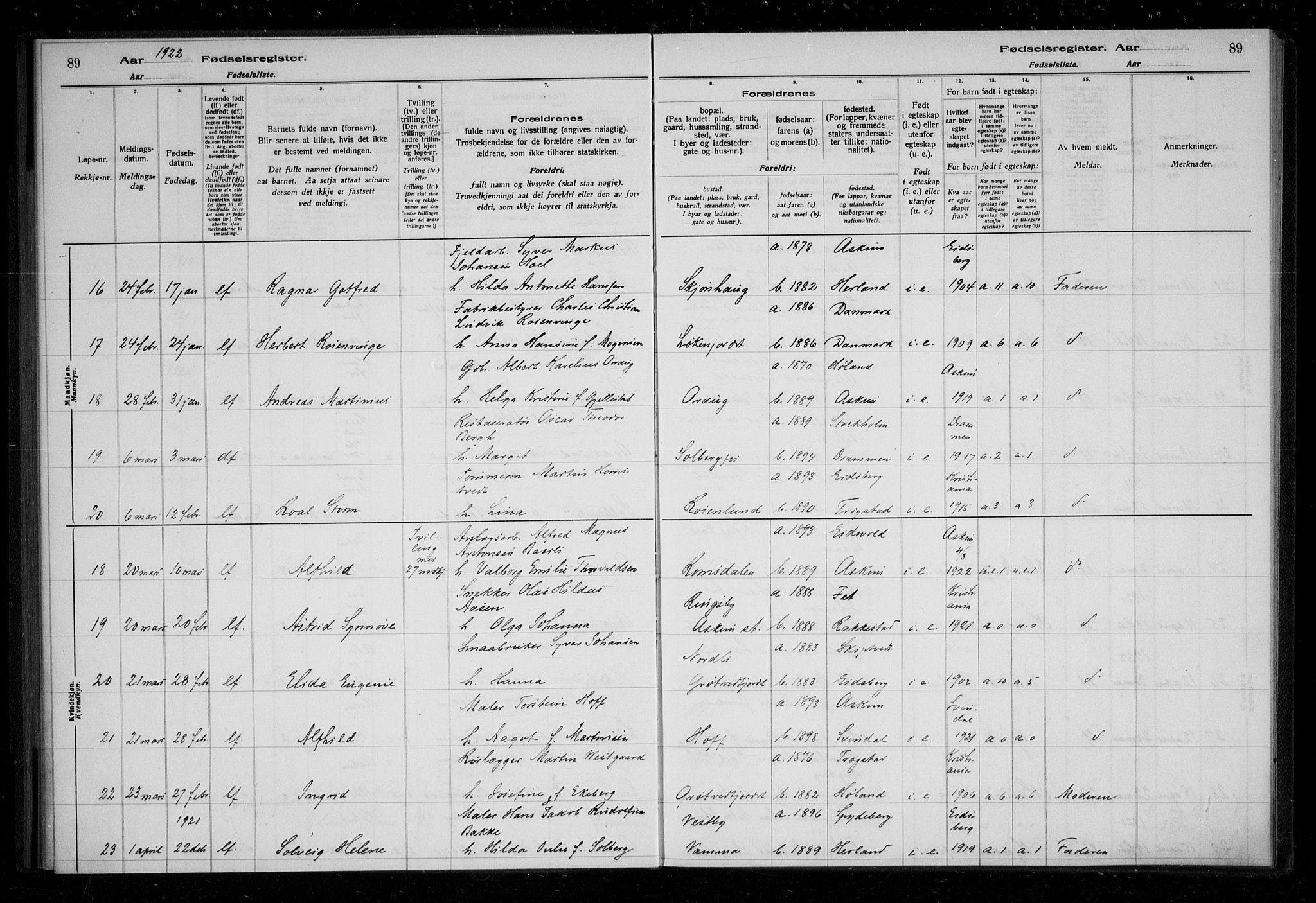 Askim prestekontor Kirkebøker, AV/SAO-A-10900/J/Ja/L0001: Birth register no. 1, 1916-1929, p. 89