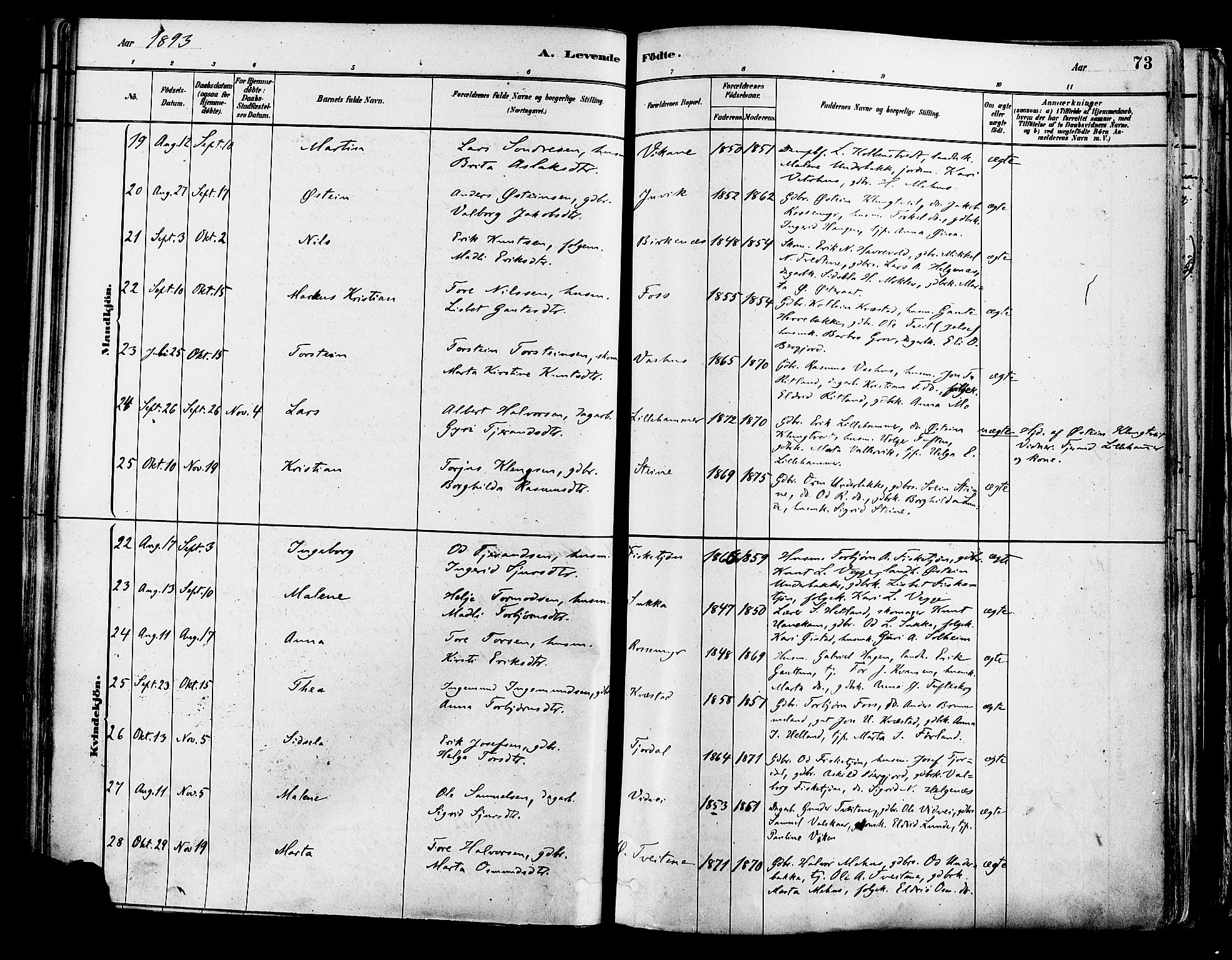 Suldal sokneprestkontor, AV/SAST-A-101845/01/IV/L0011: Parish register (official) no. A 11, 1878-1900, p. 73