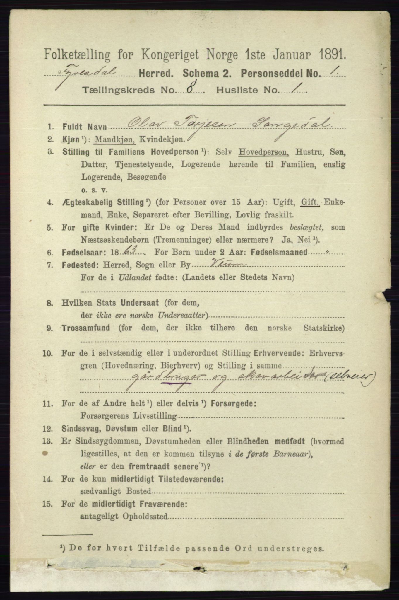 RA, 1891 census for 0831 Fyresdal, 1891, p. 2174