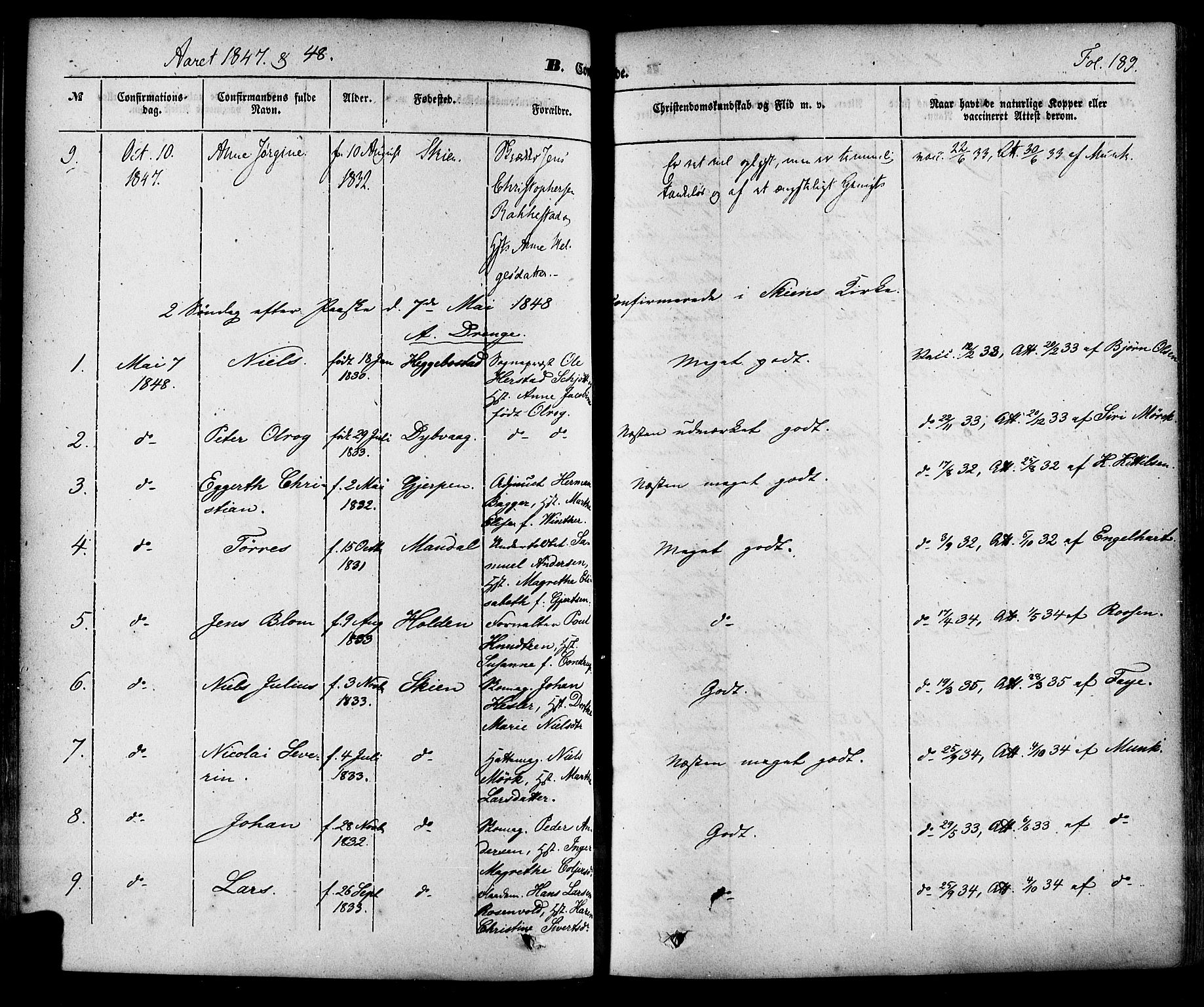 Skien kirkebøker, SAKO/A-302/F/Fa/L0006a: Parish register (official) no. 6A, 1843-1856, p. 189