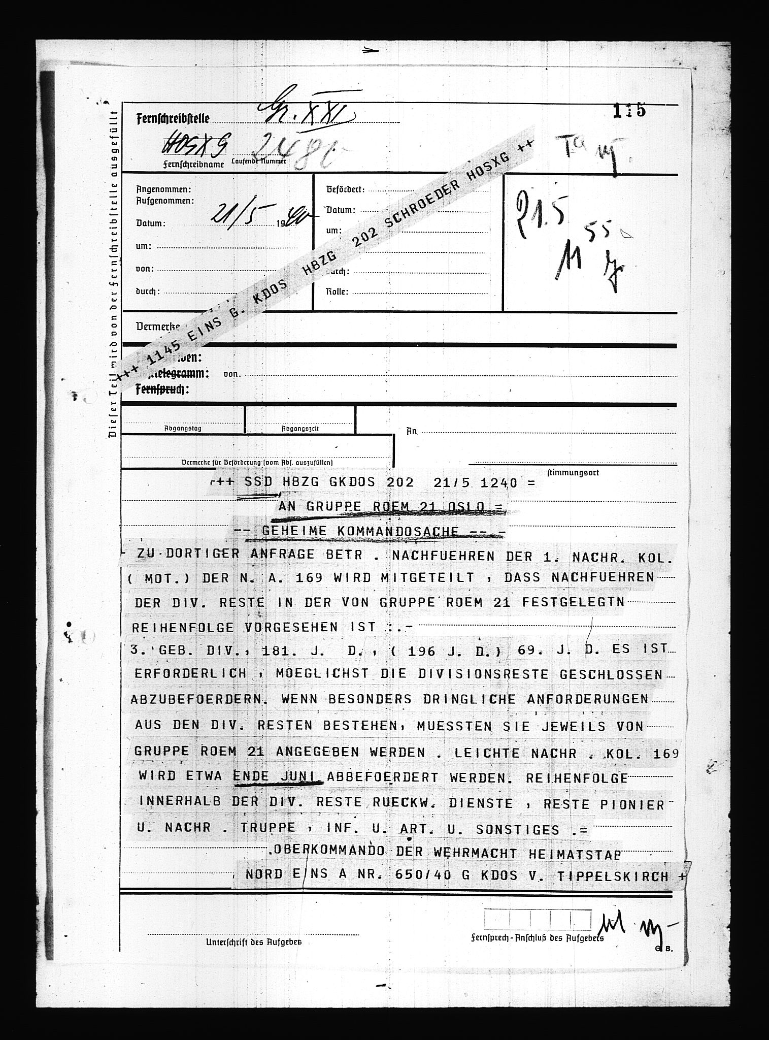 Documents Section, AV/RA-RAFA-2200/V/L0083: Amerikansk mikrofilm "Captured German Documents".
Box No. 722.  FKA jnr. 615/1954., 1940, p. 249