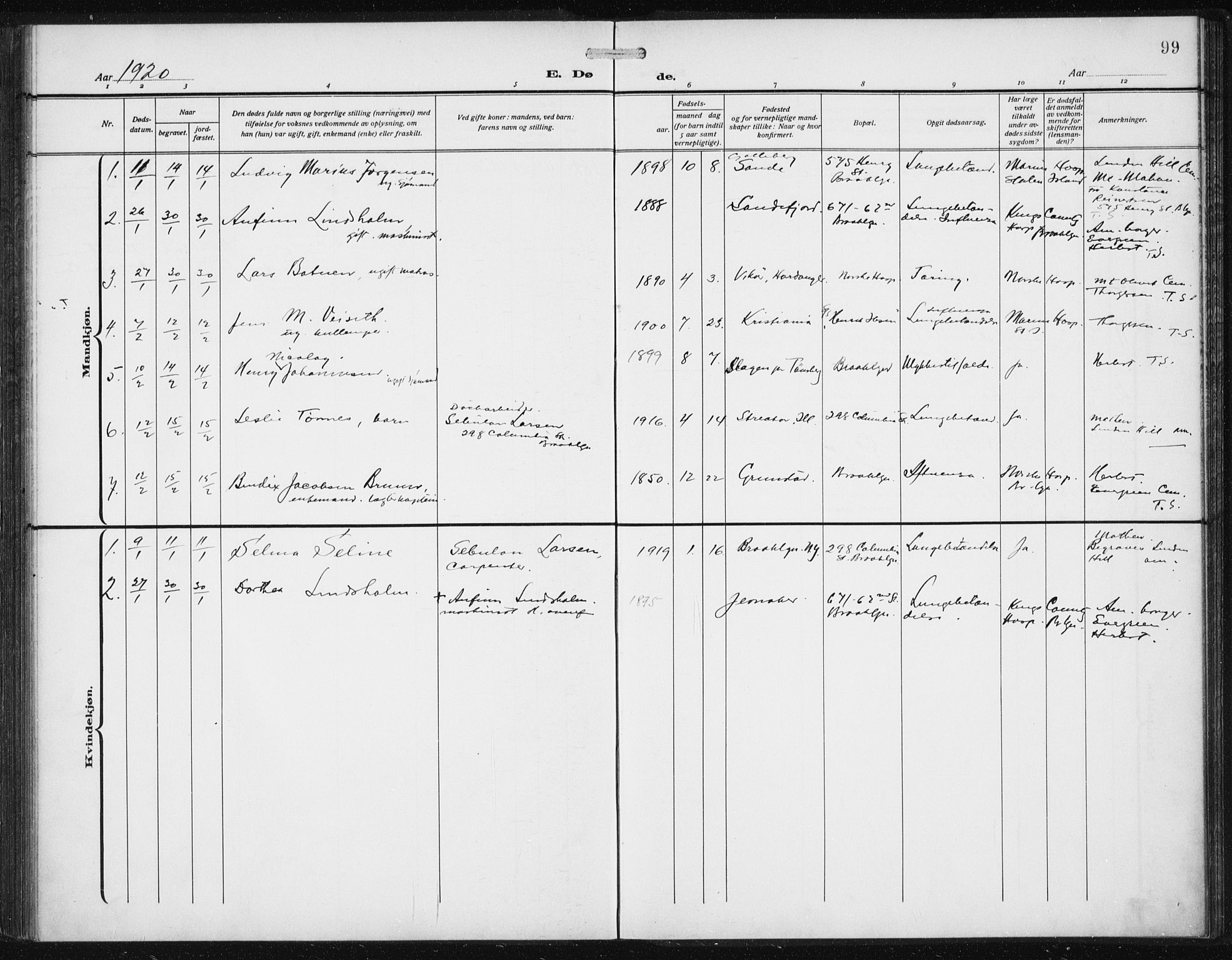 Den norske sjømannsmisjon i utlandet/New York, AV/SAB-SAB/PA-0110/H/Ha/L0007: Parish register (official) no. A 7, 1915-1923, p. 99