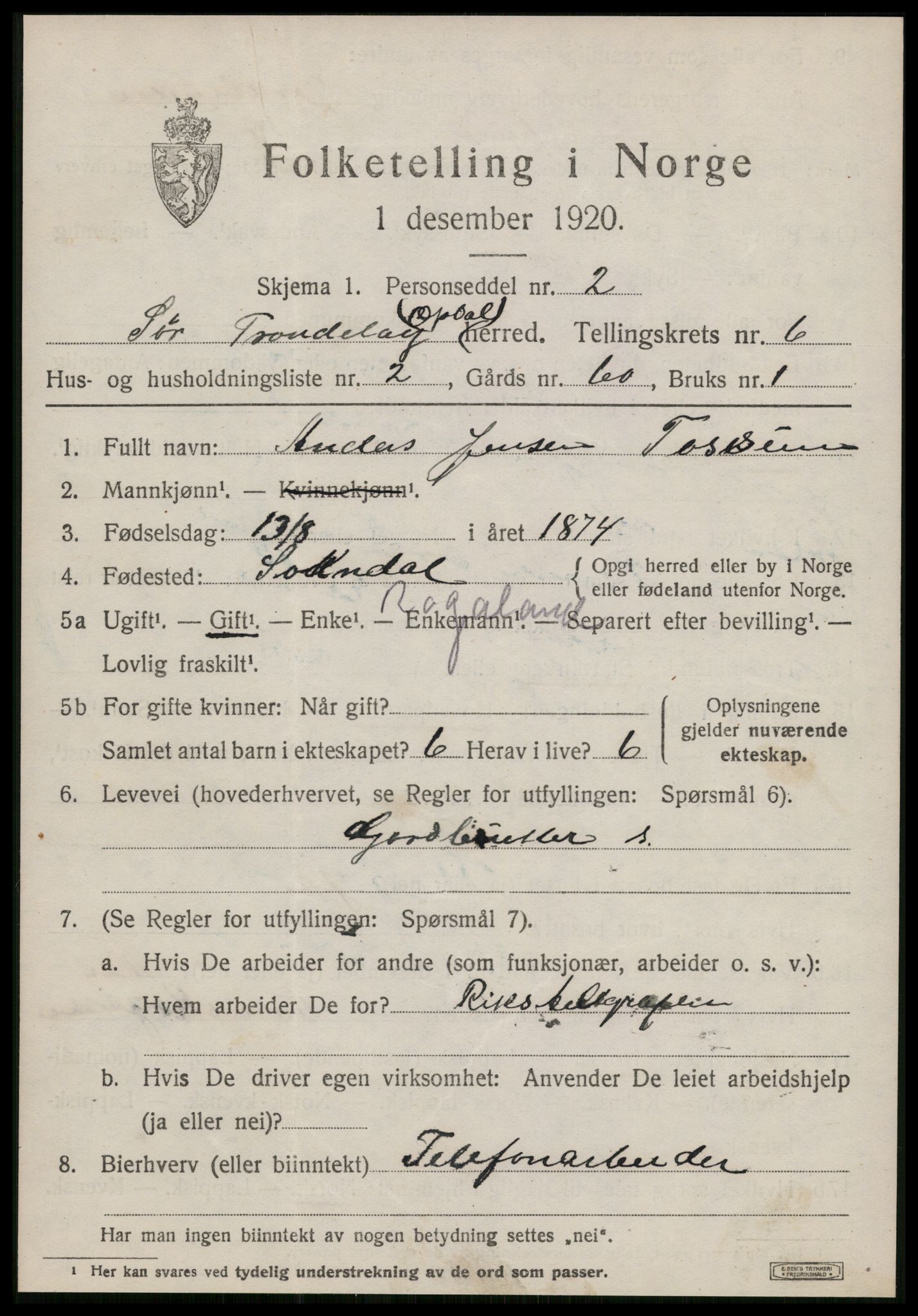 SAT, 1920 census for Oppdal, 1920, p. 5331