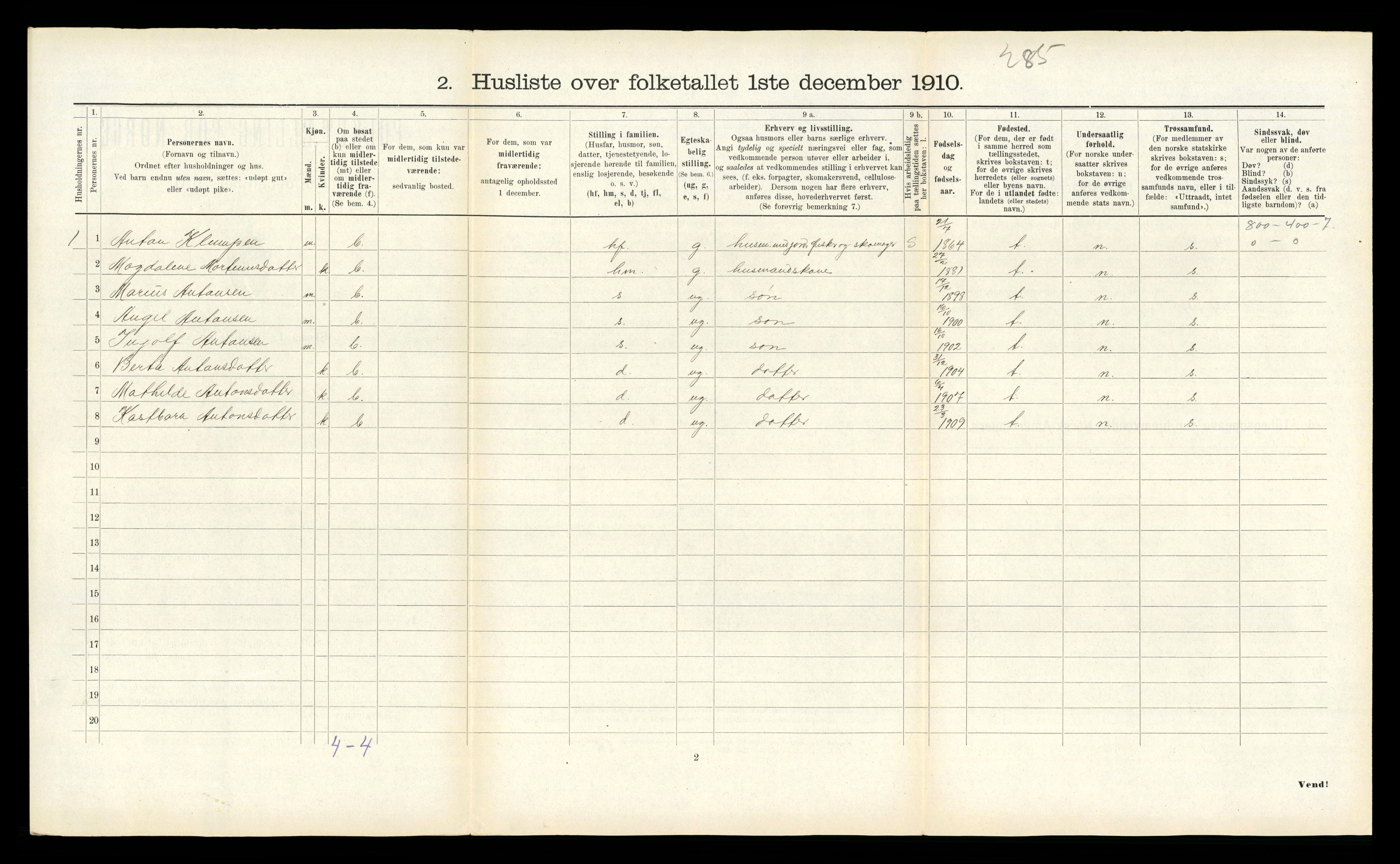 RA, 1910 census for Verran, 1910, p. 230