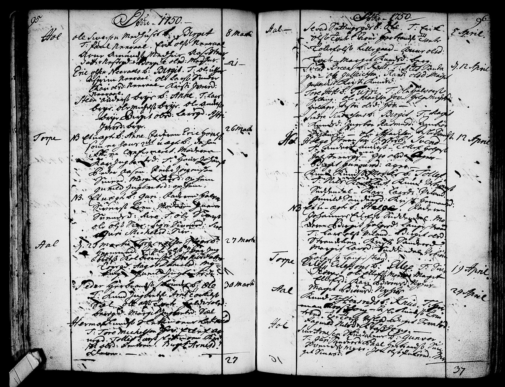 Ål kirkebøker, AV/SAKO-A-249/F/Fa/L0001: Parish register (official) no. I 1, 1744-1769, p. 95-96