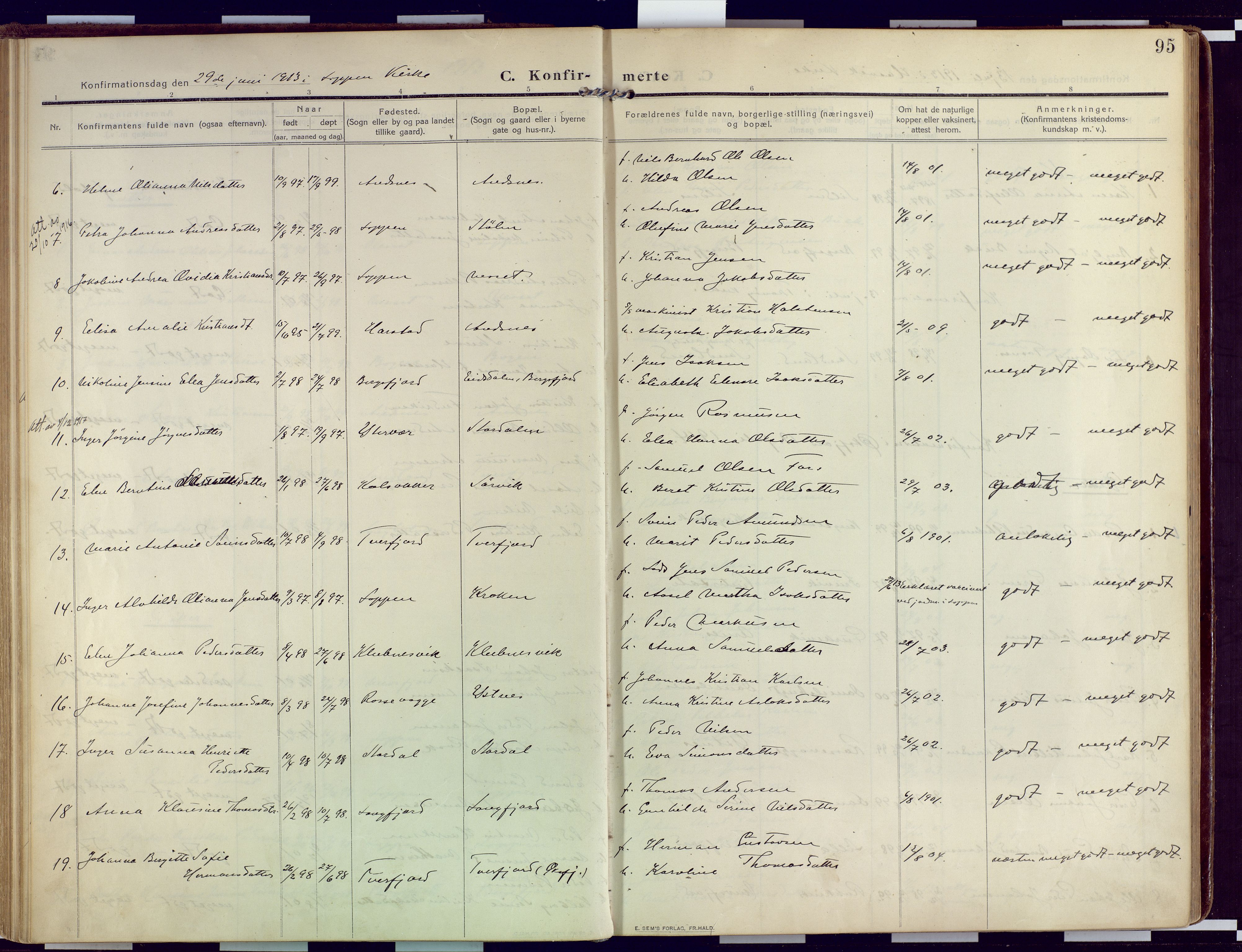 Loppa sokneprestkontor, SATØ/S-1339/H/Ha/L0011kirke: Parish register (official) no. 11, 1909-1919, p. 95