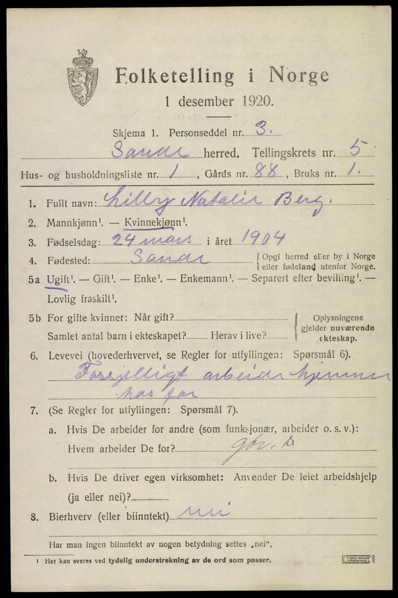 SAKO, 1920 census for Sande, 1920, p. 6138