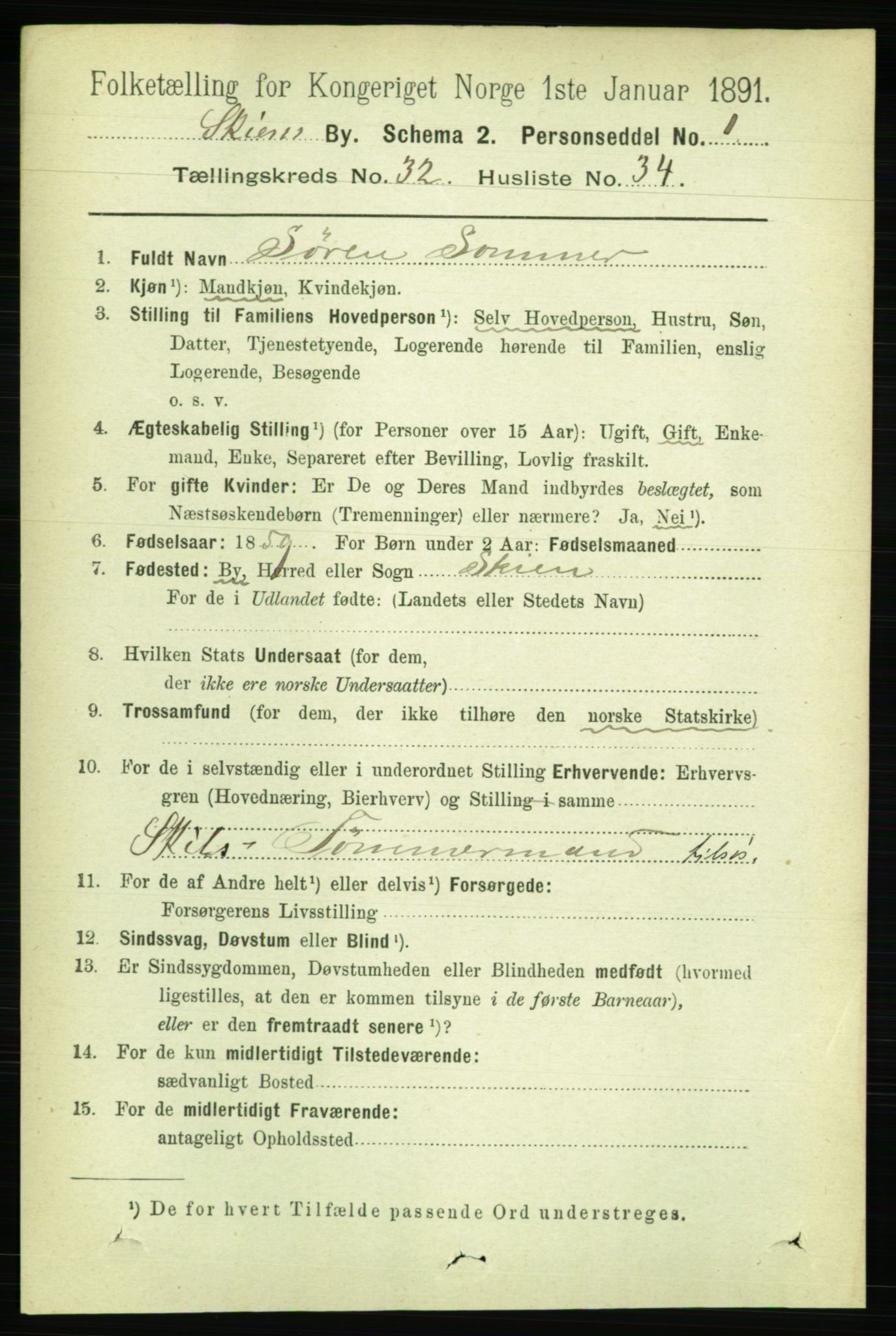 RA, 1891 census for 0806 Skien, 1891, p. 7486