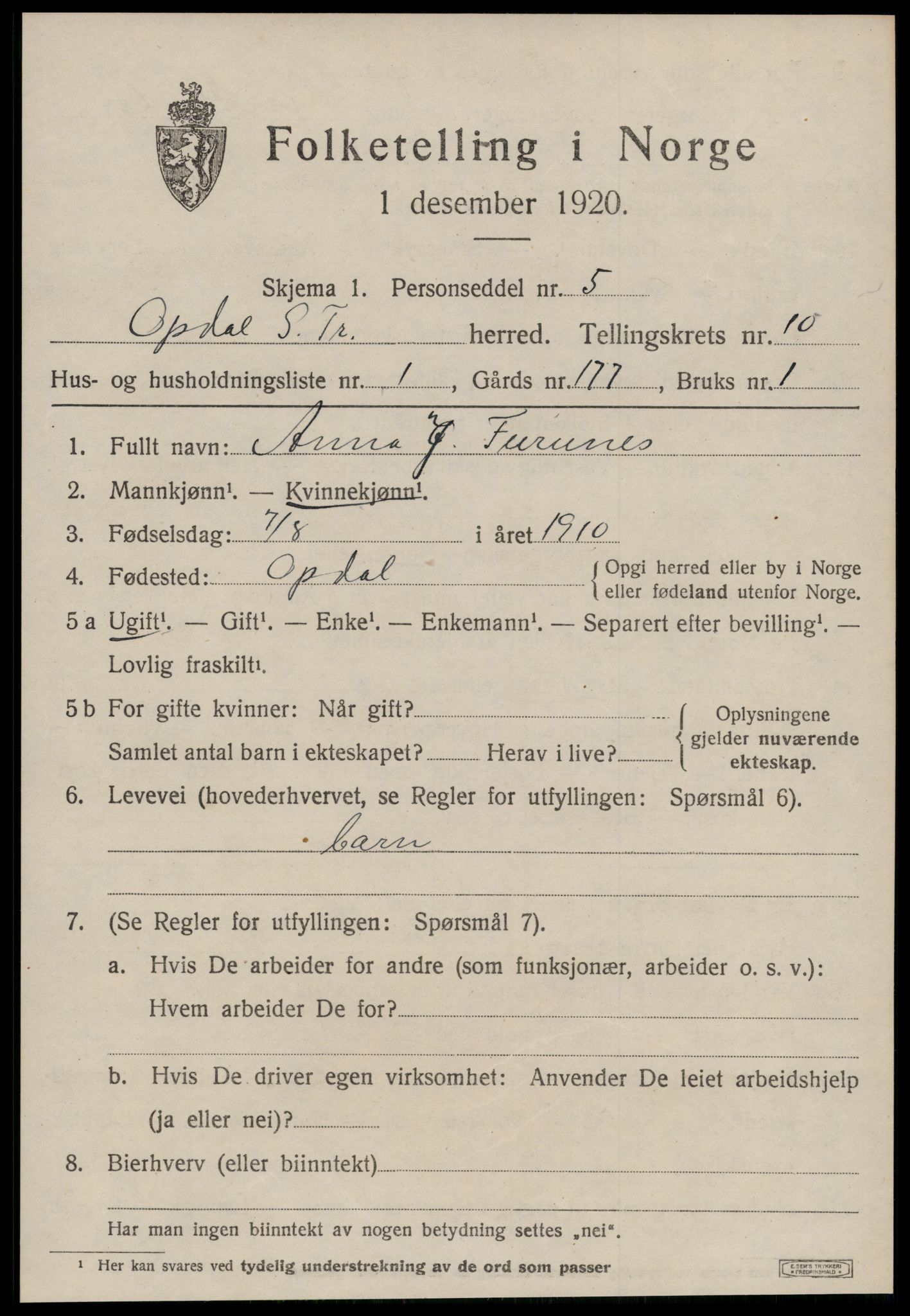 SAT, 1920 census for Oppdal, 1920, p. 8157