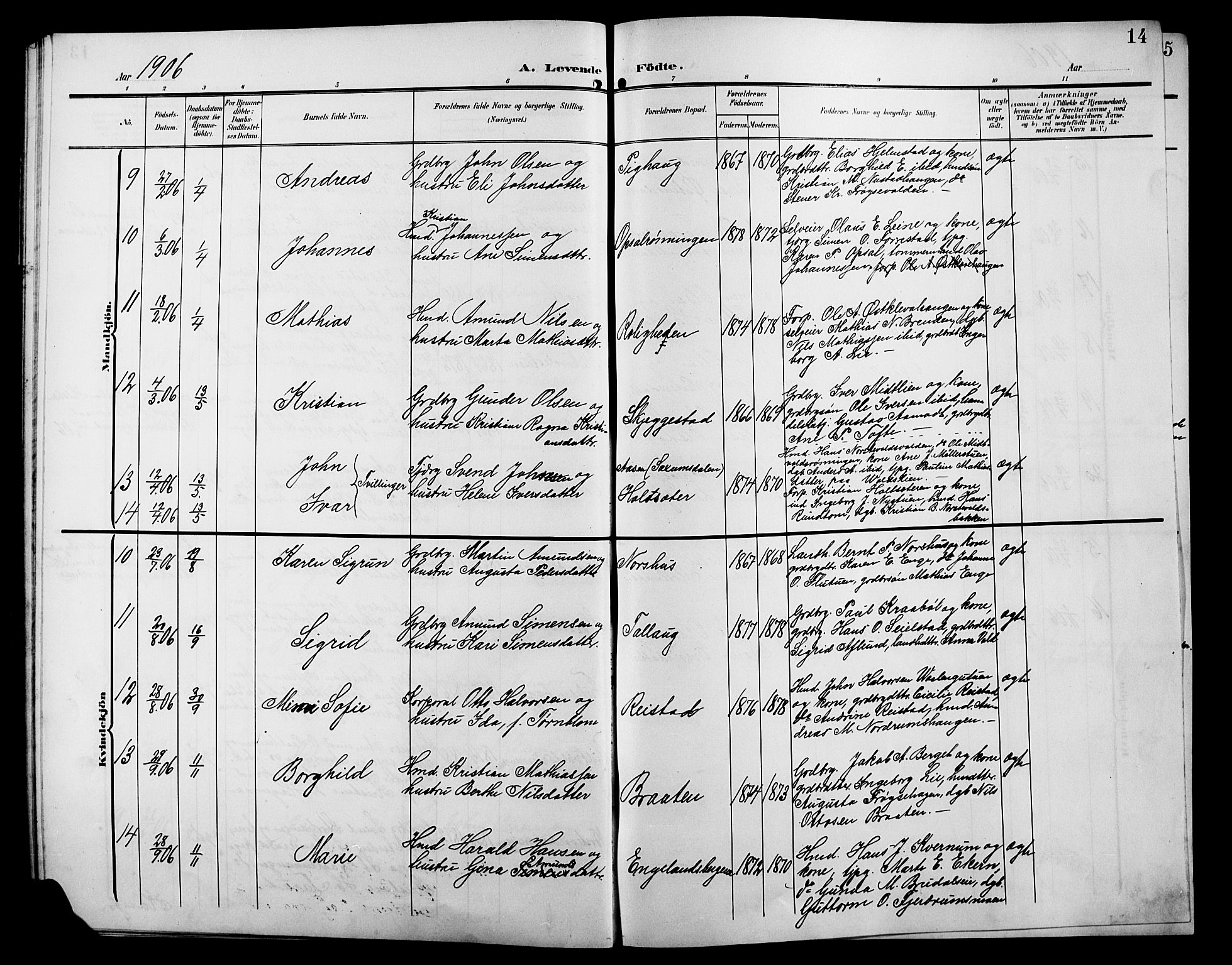 Østre Gausdal prestekontor, AV/SAH-PREST-092/H/Ha/Hab/L0004: Parish register (copy) no. 4, 1905-1923, p. 14