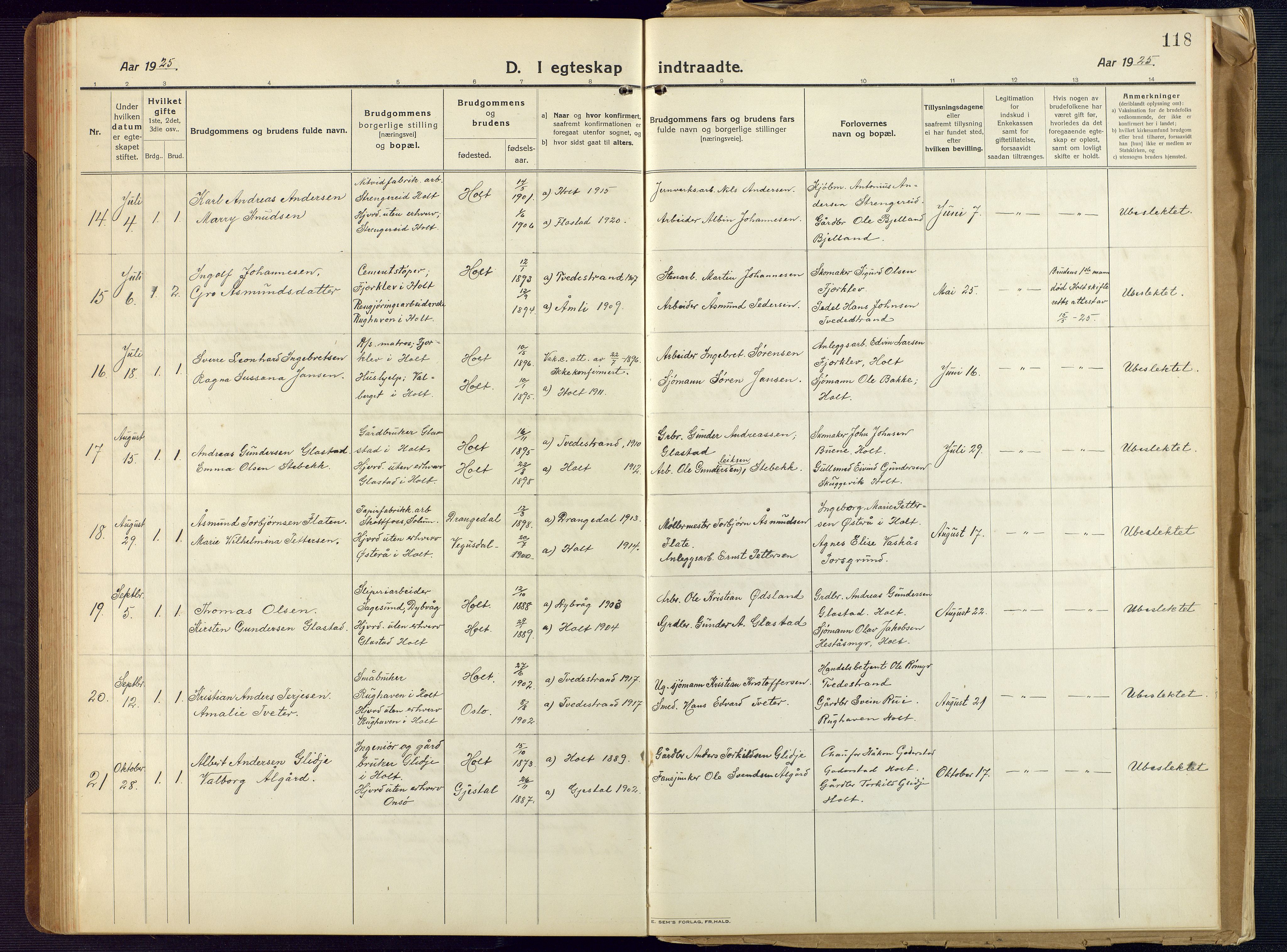 Holt sokneprestkontor, AV/SAK-1111-0021/F/Fb/L0012: Parish register (copy) no. B 12, 1919-1944, p. 118