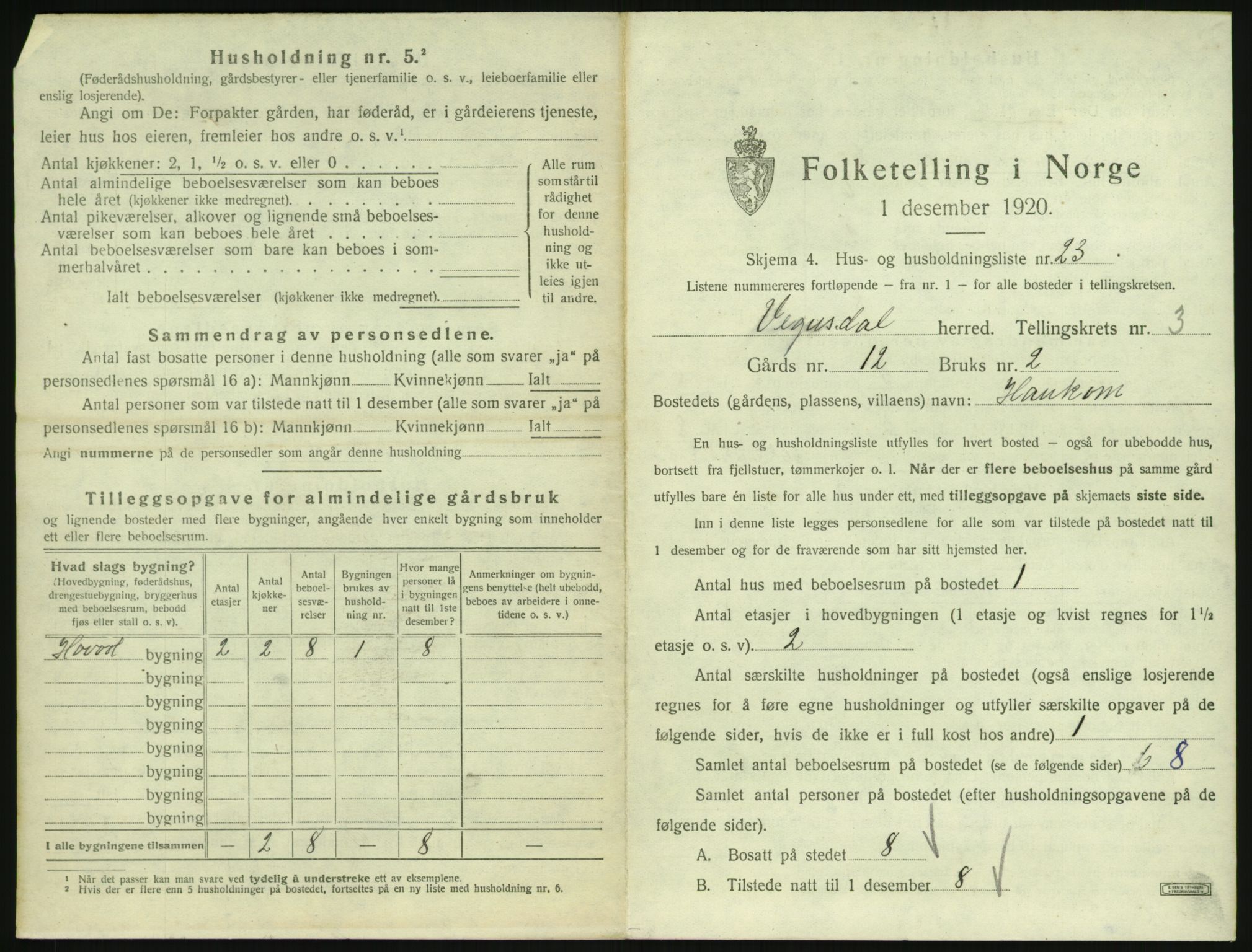 SAK, 1920 census for Vegusdal, 1920, p. 161