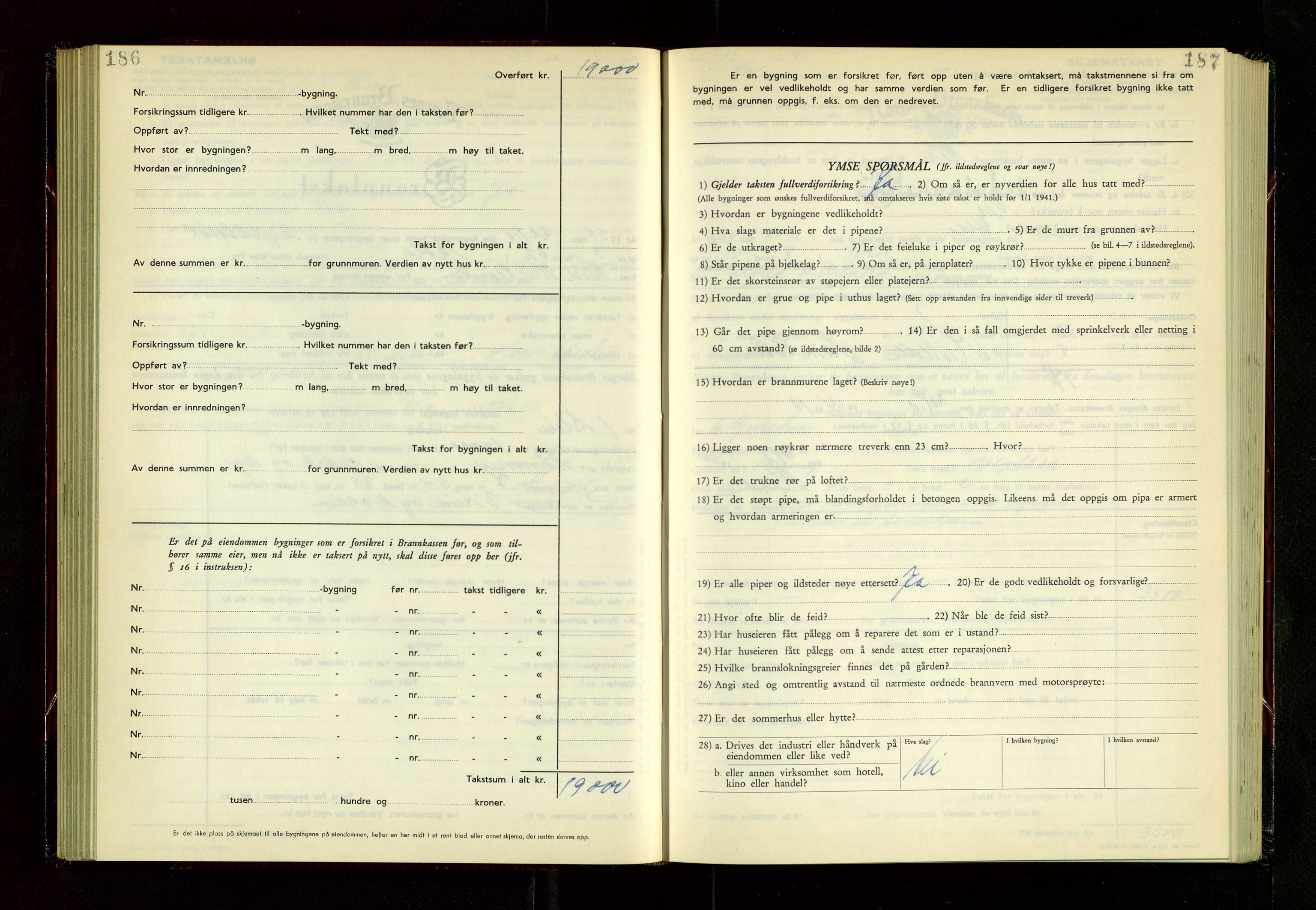 Håland lensmannskontor, AV/SAST-A-100100/Gob/L0014: "Branntakstprotokoll" - skjematakst, 1951-1955, p. 186-187