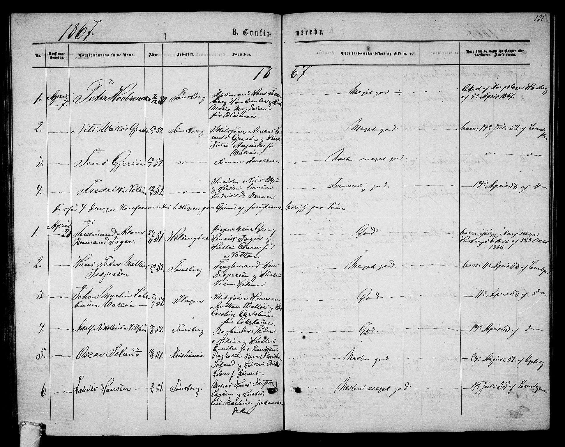 Tønsberg kirkebøker, SAKO/A-330/G/Ga/L0004: Parish register (copy) no. 4, 1865-1874, p. 151