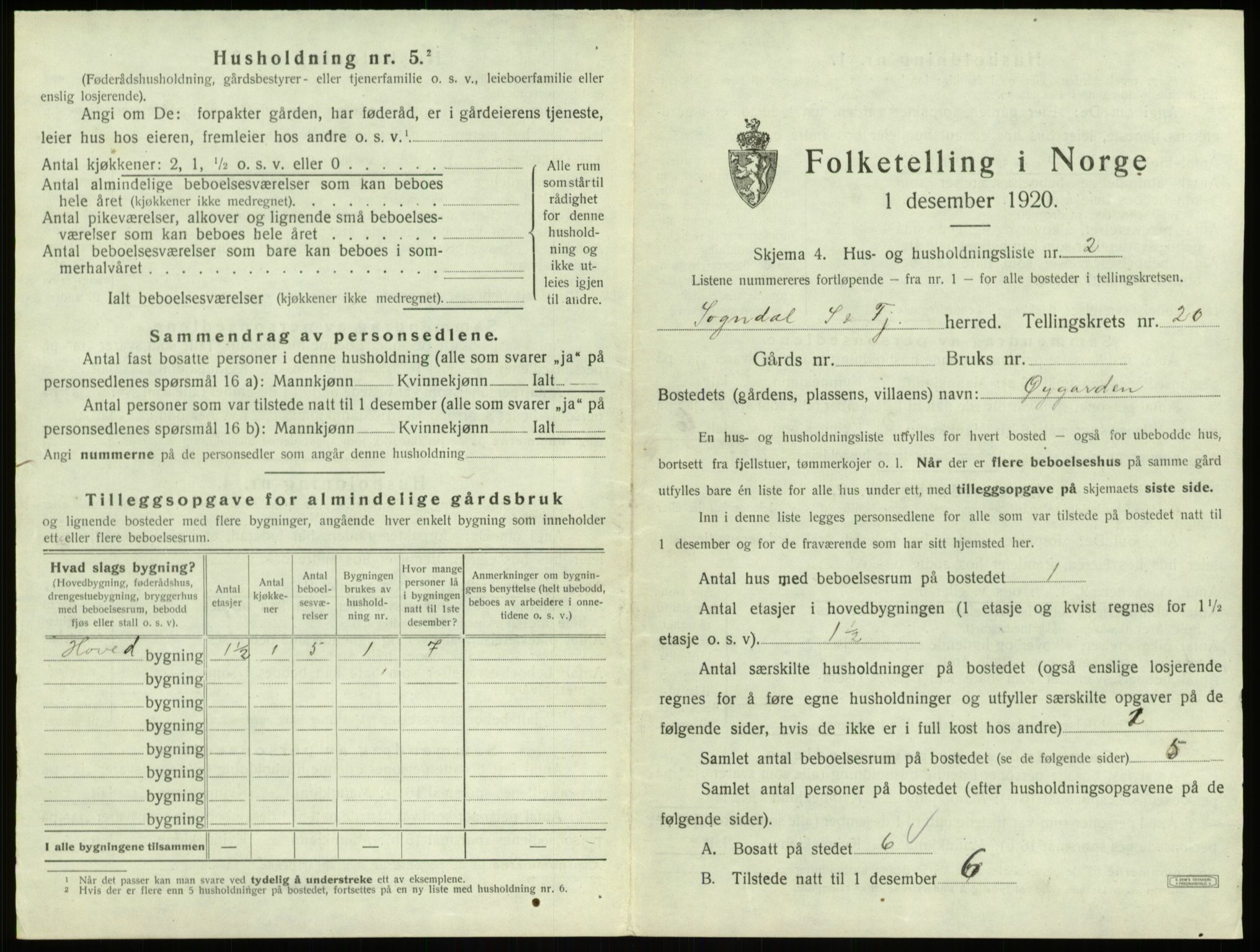 SAB, 1920 census for Sogndal, 1920, p. 1106