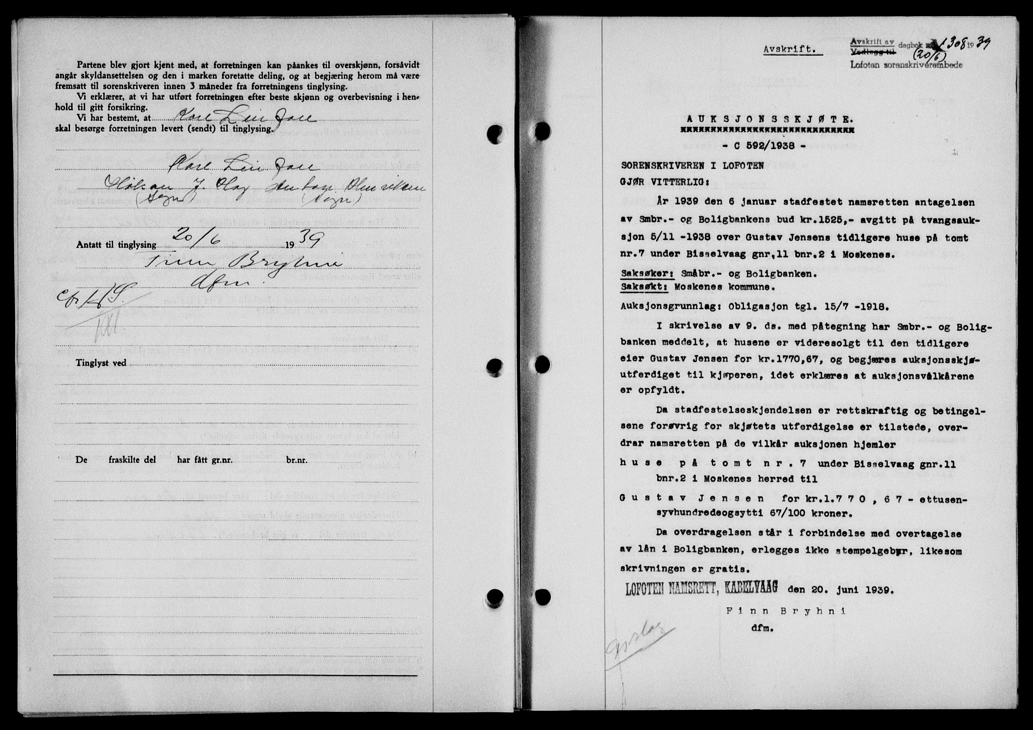 Lofoten sorenskriveri, SAT/A-0017/1/2/2C/L0005a: Mortgage book no. 5a, 1939-1939, Diary no: : 1308/1939