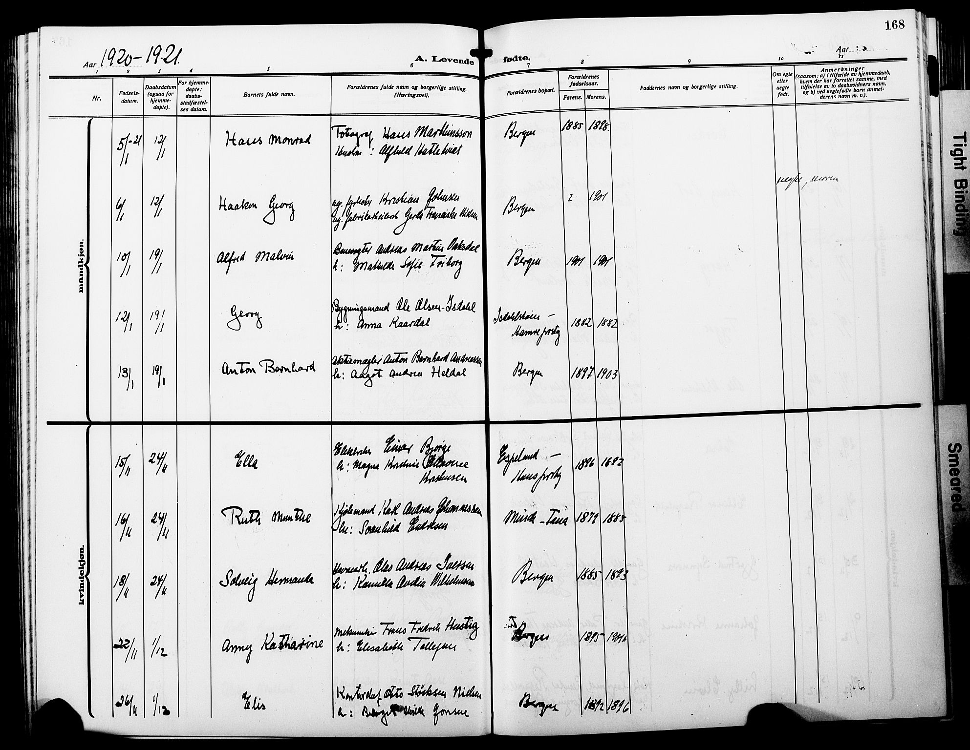 Fødselsstiftelsens sokneprestembete*, SAB/-: Parish register (copy) no. A 3, 1916-1925, p. 168