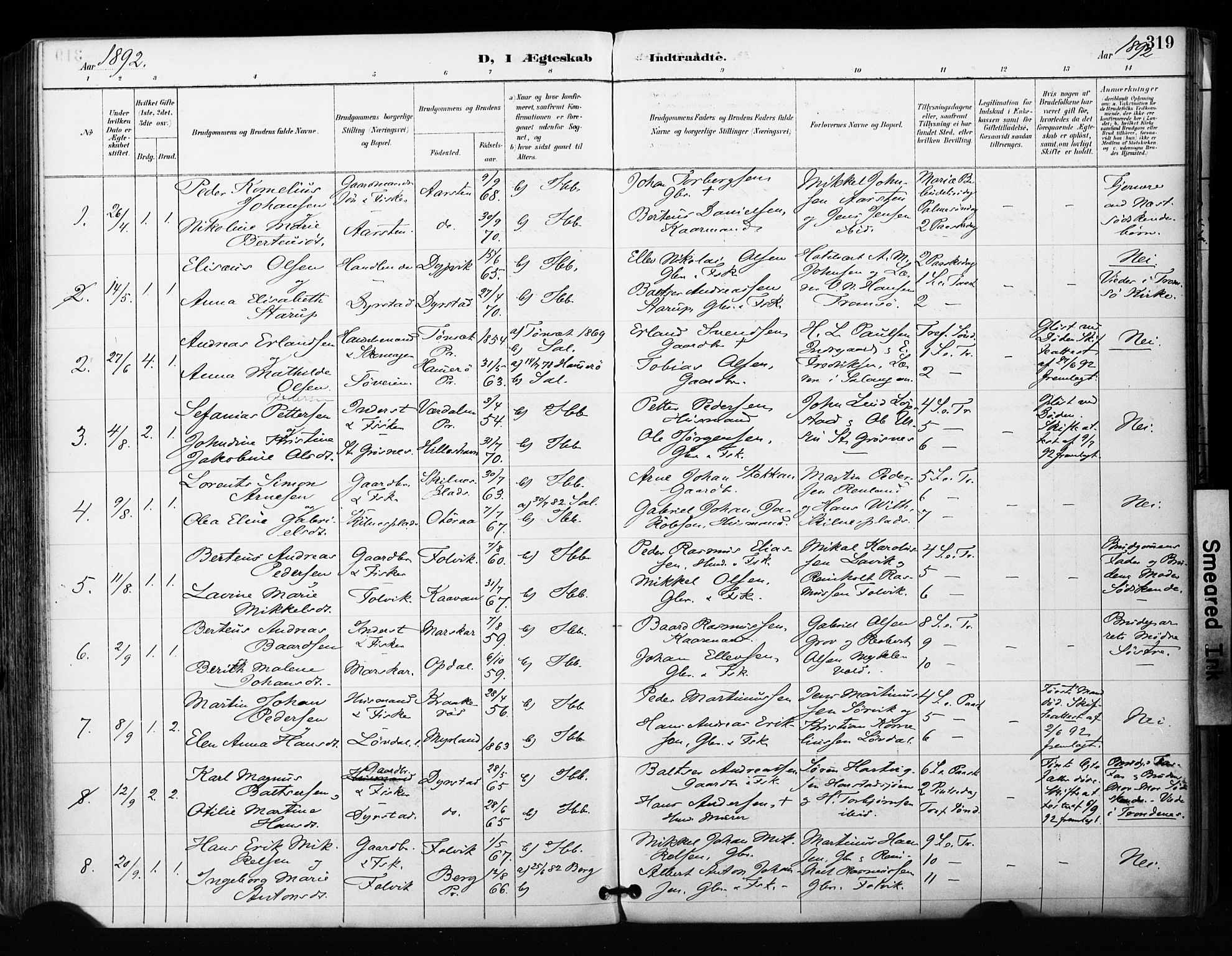 Ibestad sokneprestembete, SATØ/S-0077/H/Ha/Haa/L0012kirke: Parish register (official) no. 12, 1890-1900, p. 319