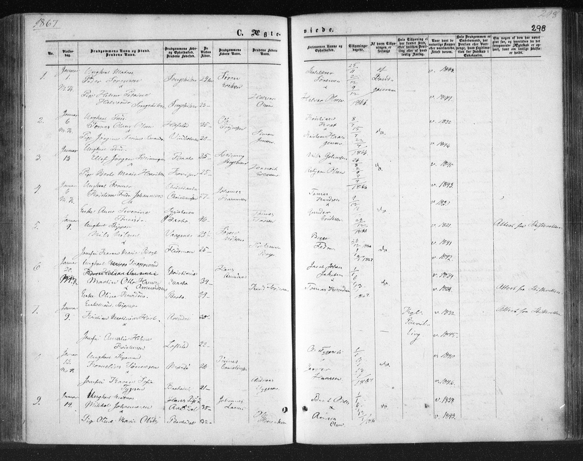 Tromøy sokneprestkontor, SAK/1111-0041/F/Fa/L0007: Parish register (official) no. A 7, 1864-1869, p. 298