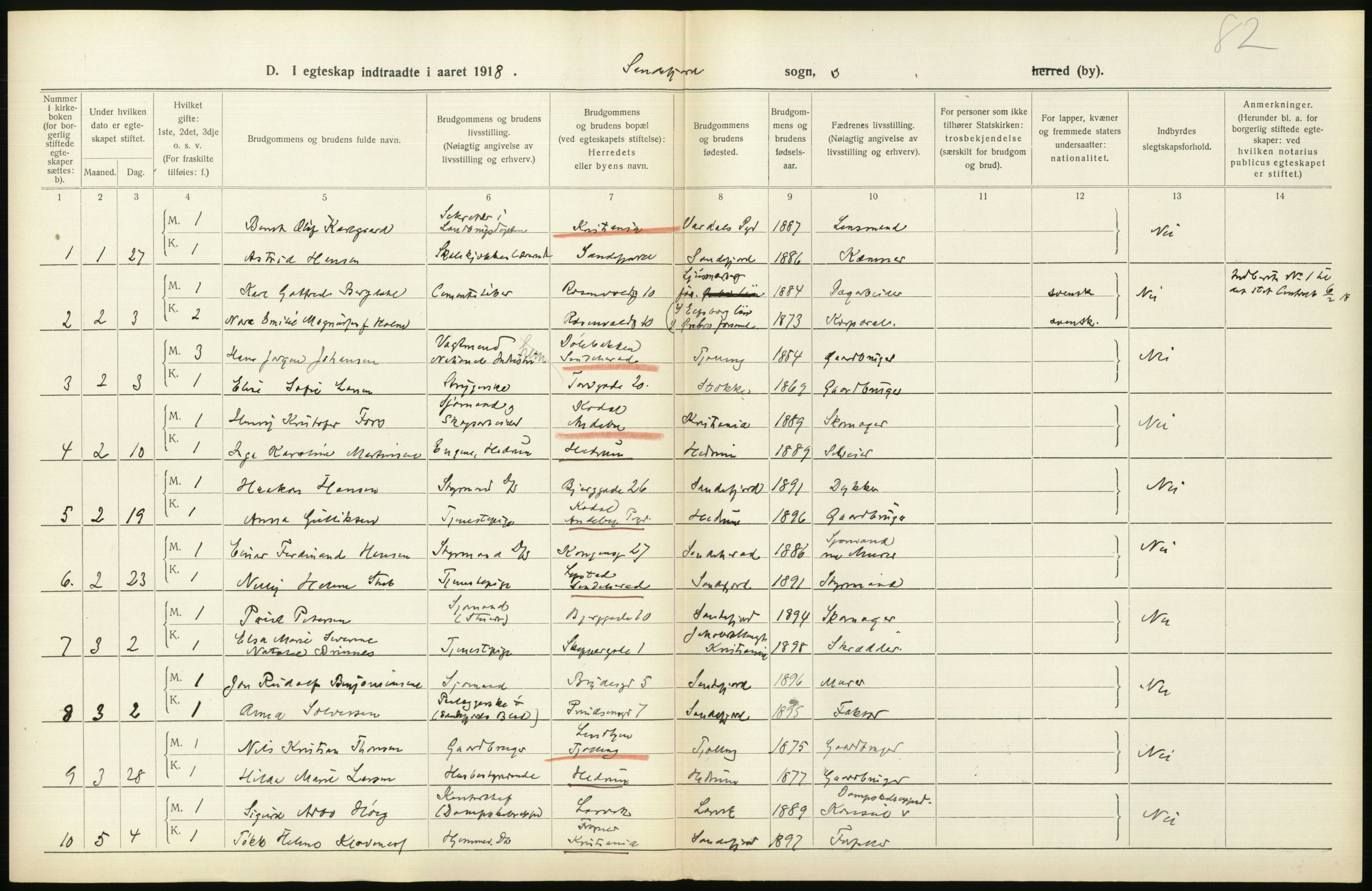 Statistisk sentralbyrå, Sosiodemografiske emner, Befolkning, RA/S-2228/D/Df/Dfb/Dfbh/L0022: Vestfold fylke: Gifte, dødfødte. Bygder og byer., 1918, p. 226