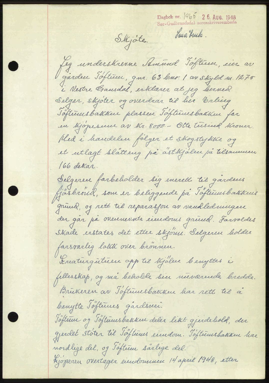 Sør-Gudbrandsdal tingrett, SAH/TING-004/H/Hb/Hbd/L0022: Mortgage book no. A22, 1948-1948, Diary no: : 1965/1948