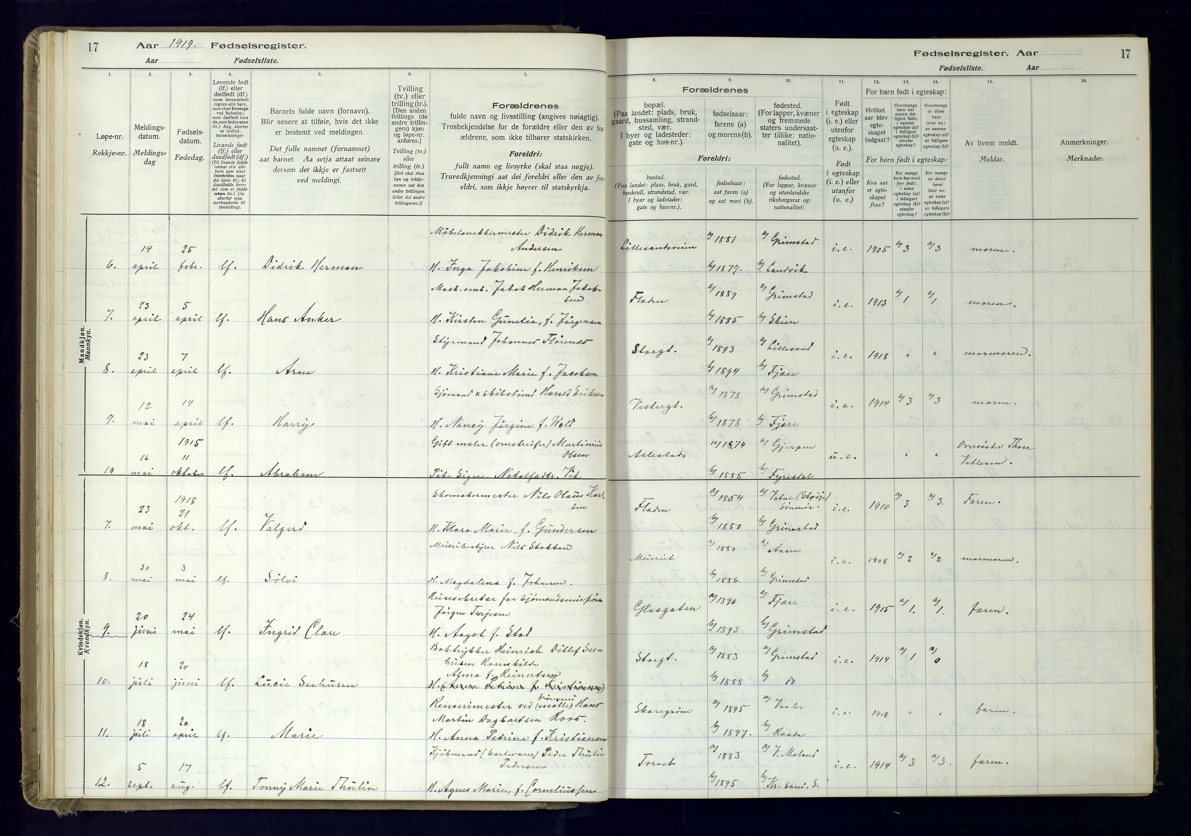 Grimstad sokneprestkontor, AV/SAK-1111-0017/J/Ja/L0001: Birth register no. 1, 1916-1960, p. 17