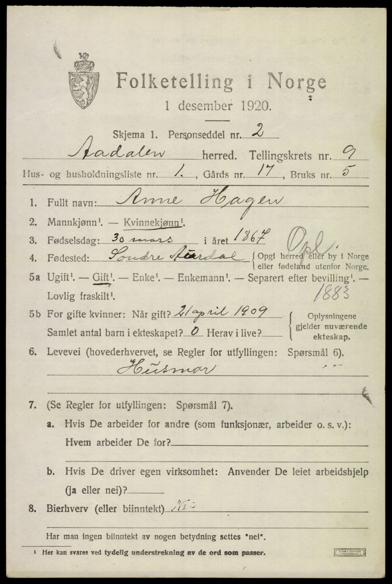 SAKO, 1920 census for Ådal, 1920, p. 5968