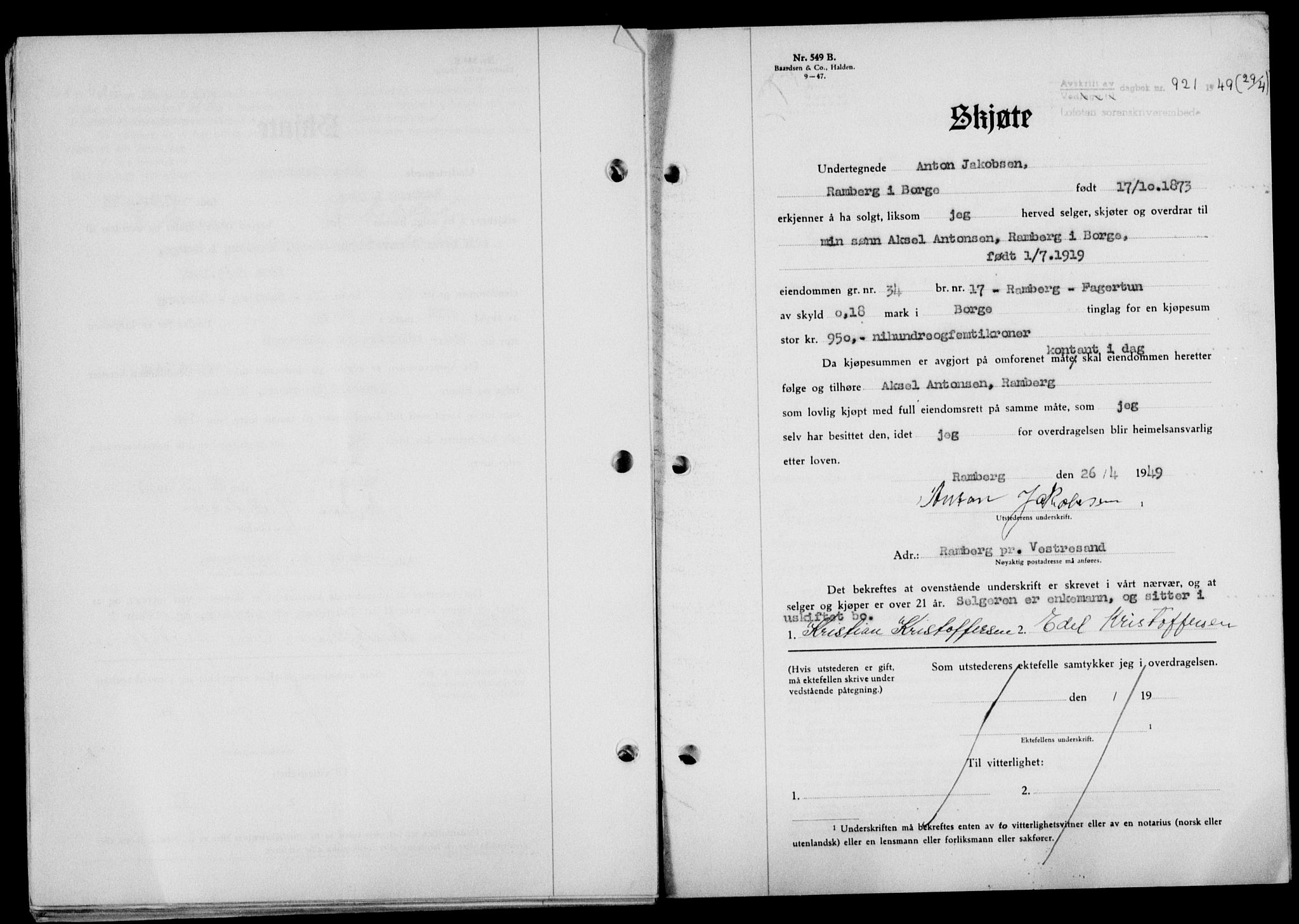 Lofoten sorenskriveri, SAT/A-0017/1/2/2C/L0020a: Mortgage book no. 20a, 1948-1949, Diary no: : 921/1949