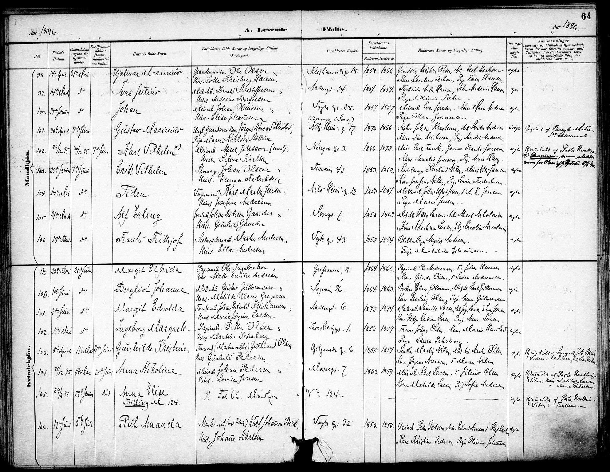 Sagene prestekontor Kirkebøker, SAO/A-10796/F/L0004: Parish register (official) no. 4, 1894-1904, p. 64