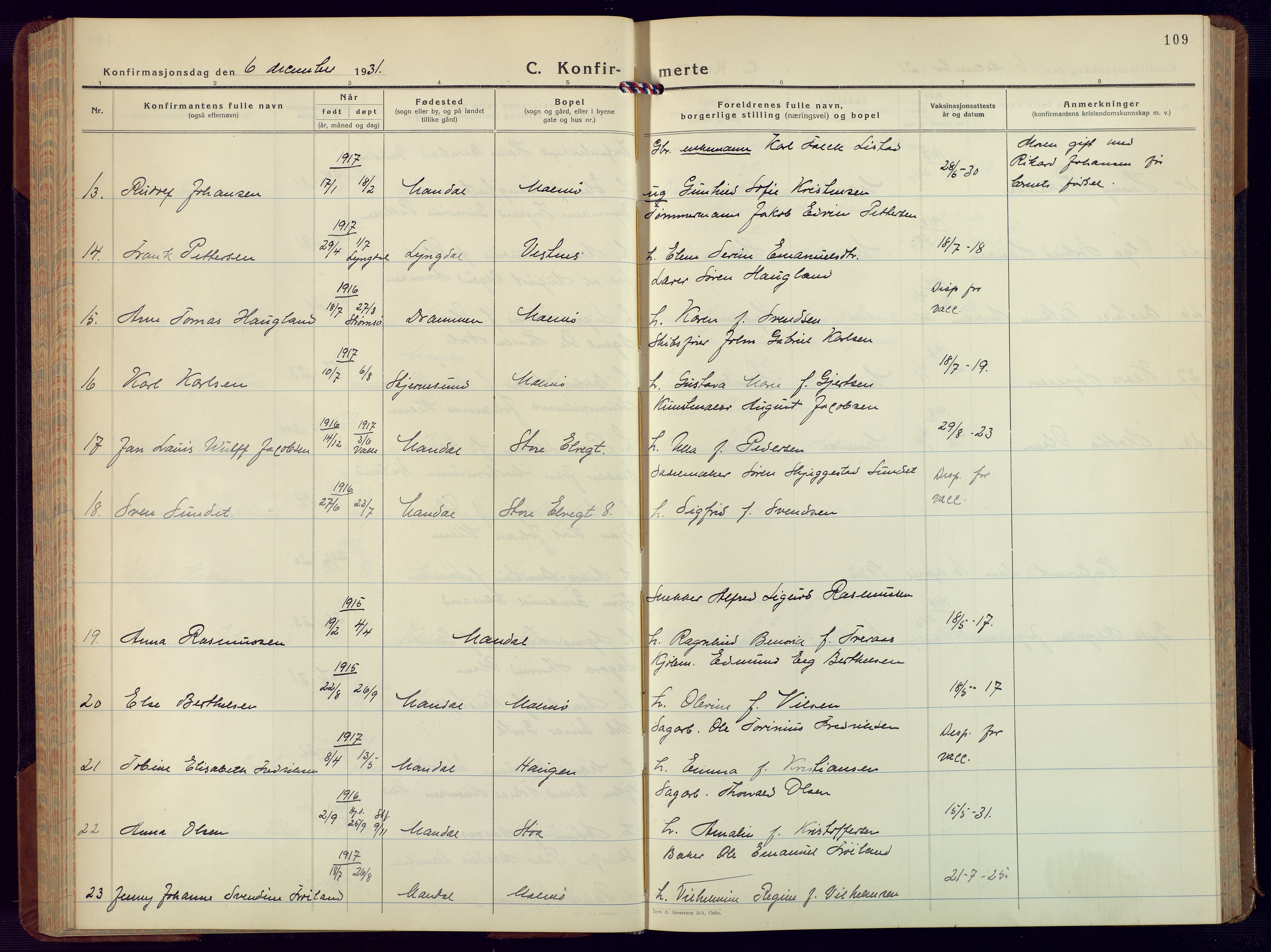 Mandal sokneprestkontor, SAK/1111-0030/F/Fb/Fbc/L0002: Parish register (copy) no. B 2, 1931-1949, p. 109