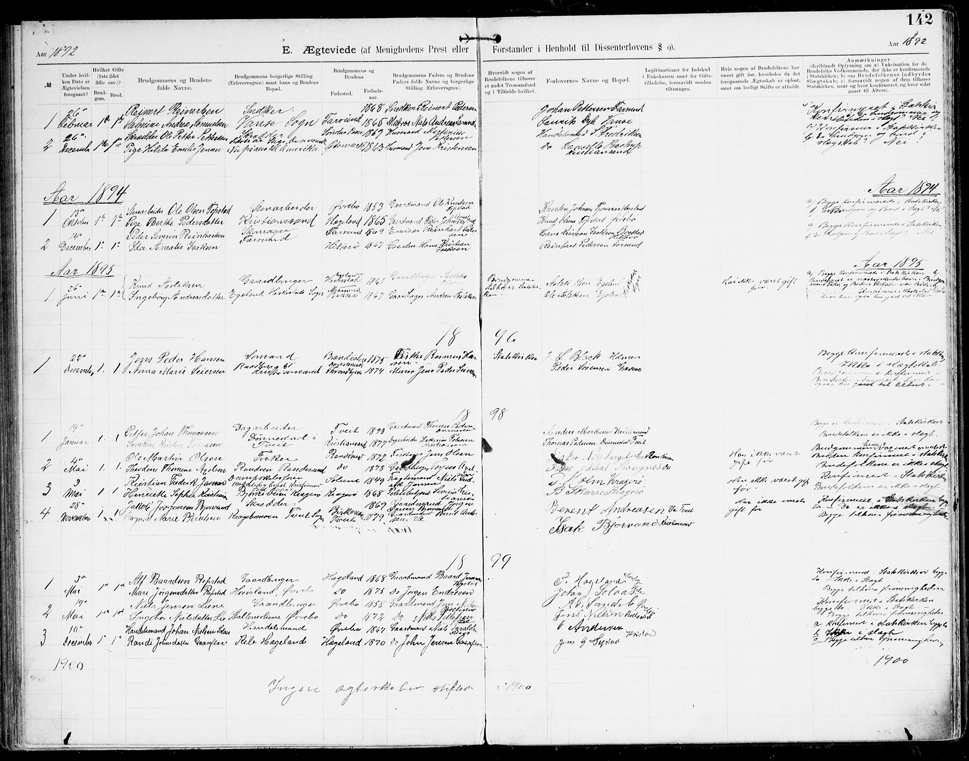 Den evangelisk-lutherske frikirke, Kristiansand, SAK/1292-0017/F/Fa/L0003: Dissenter register no. F 11, 1892-1925, p. 142