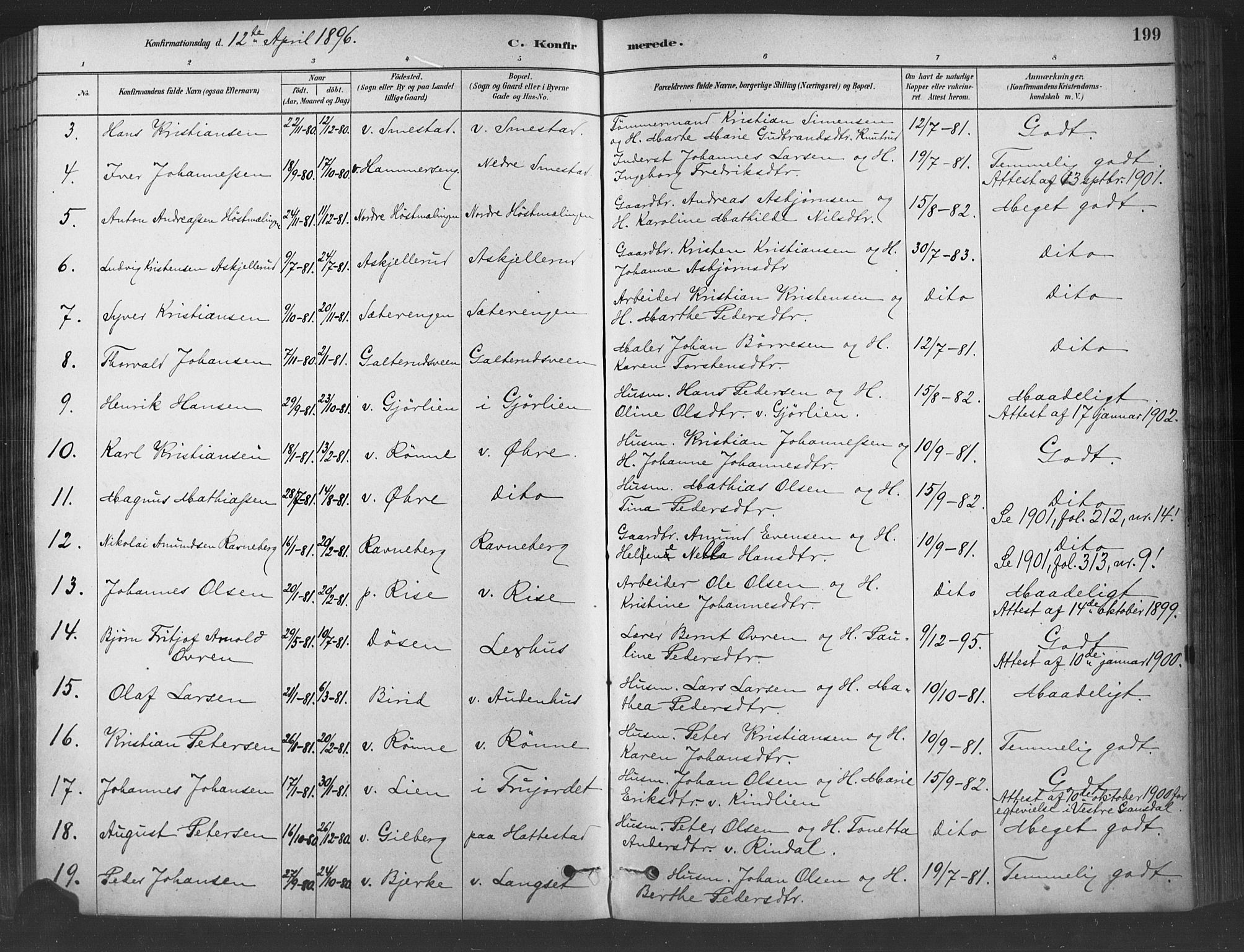 Fåberg prestekontor, AV/SAH-PREST-086/H/Ha/Haa/L0009: Parish register (official) no. 9, 1879-1898, p. 199