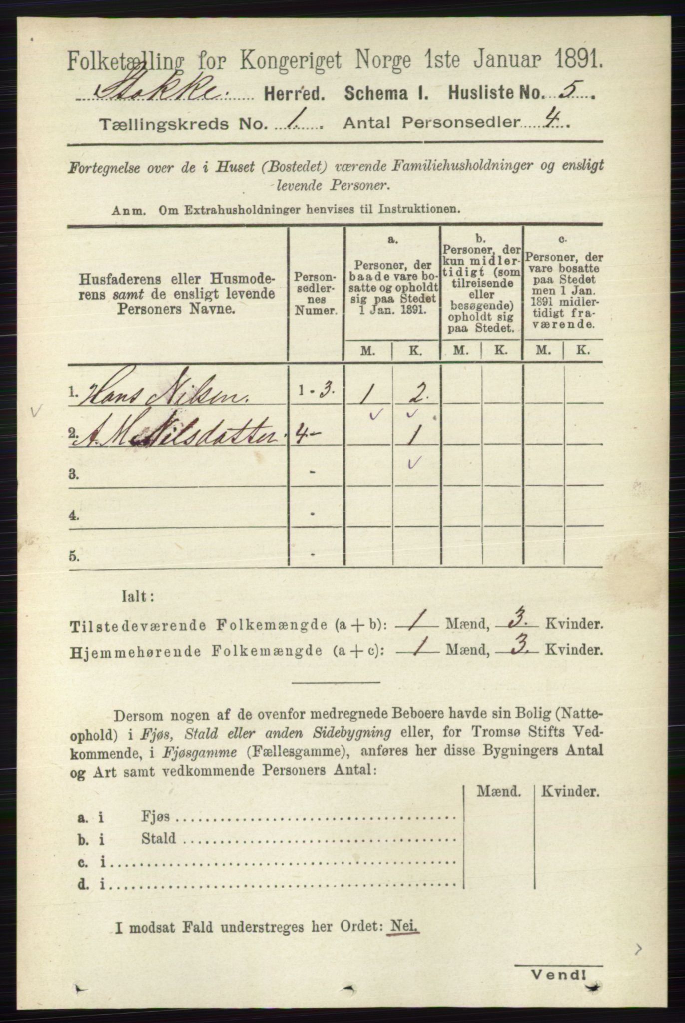 RA, 1891 census for 0720 Stokke, 1891, p. 43