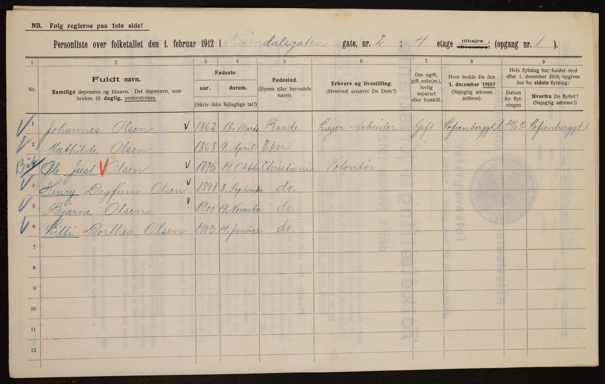 OBA, Municipal Census 1912 for Kristiania, 1912, p. 36966