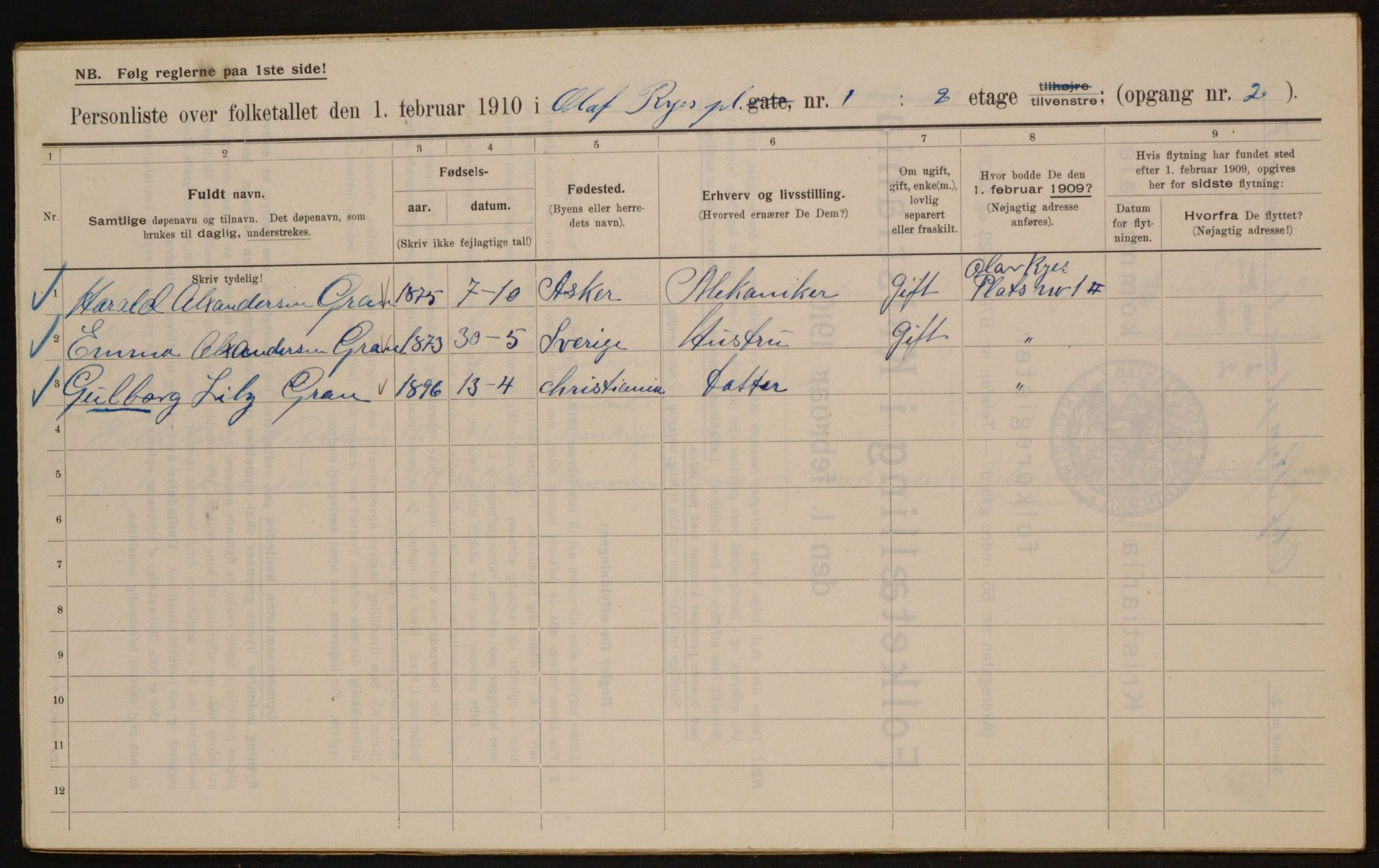 OBA, Municipal Census 1910 for Kristiania, 1910, p. 72307