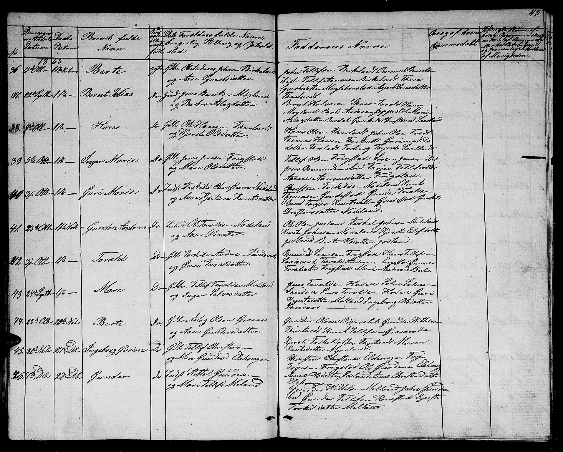 Evje sokneprestkontor, SAK/1111-0008/F/Fb/Fbc/L0002: Parish register (copy) no. B 2, 1849-1876, p. 43