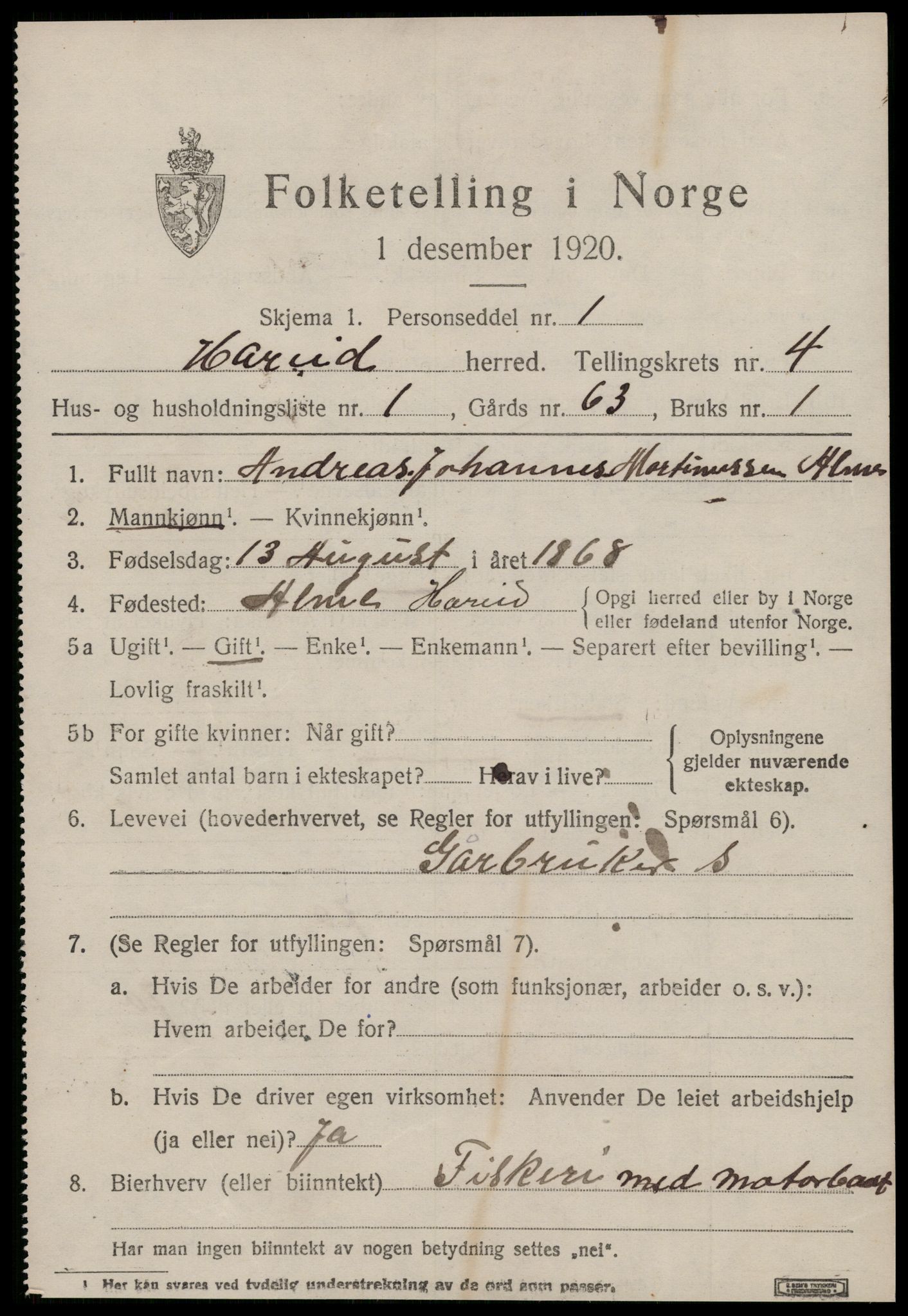 SAT, 1920 census for Hareid, 1920, p. 1687