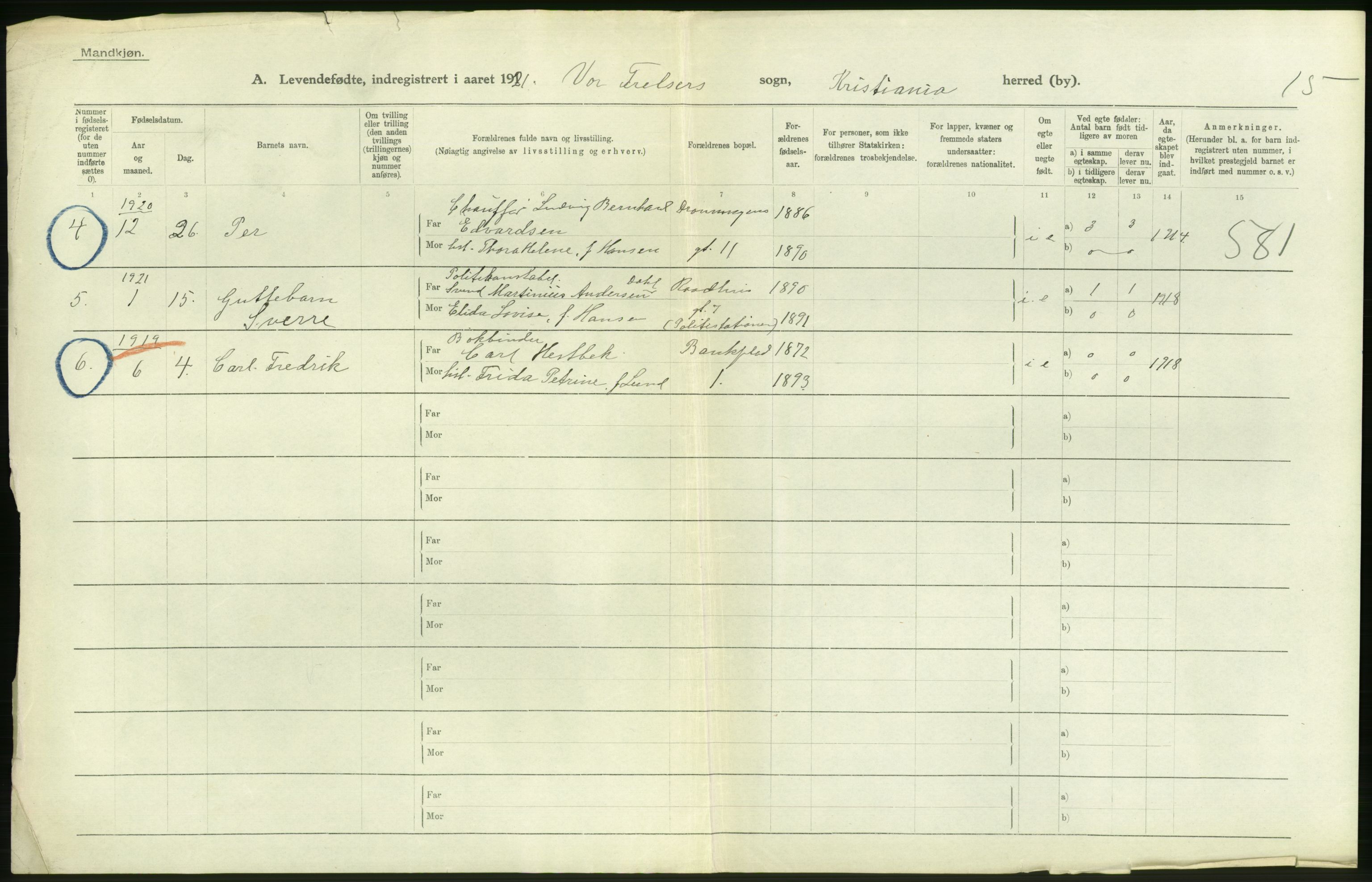 Statistisk sentralbyrå, Sosiodemografiske emner, Befolkning, AV/RA-S-2228/D/Df/Dfc/Dfca/L0009: Kristiania: Levendefødte menn og kvinner., 1921, p. 386